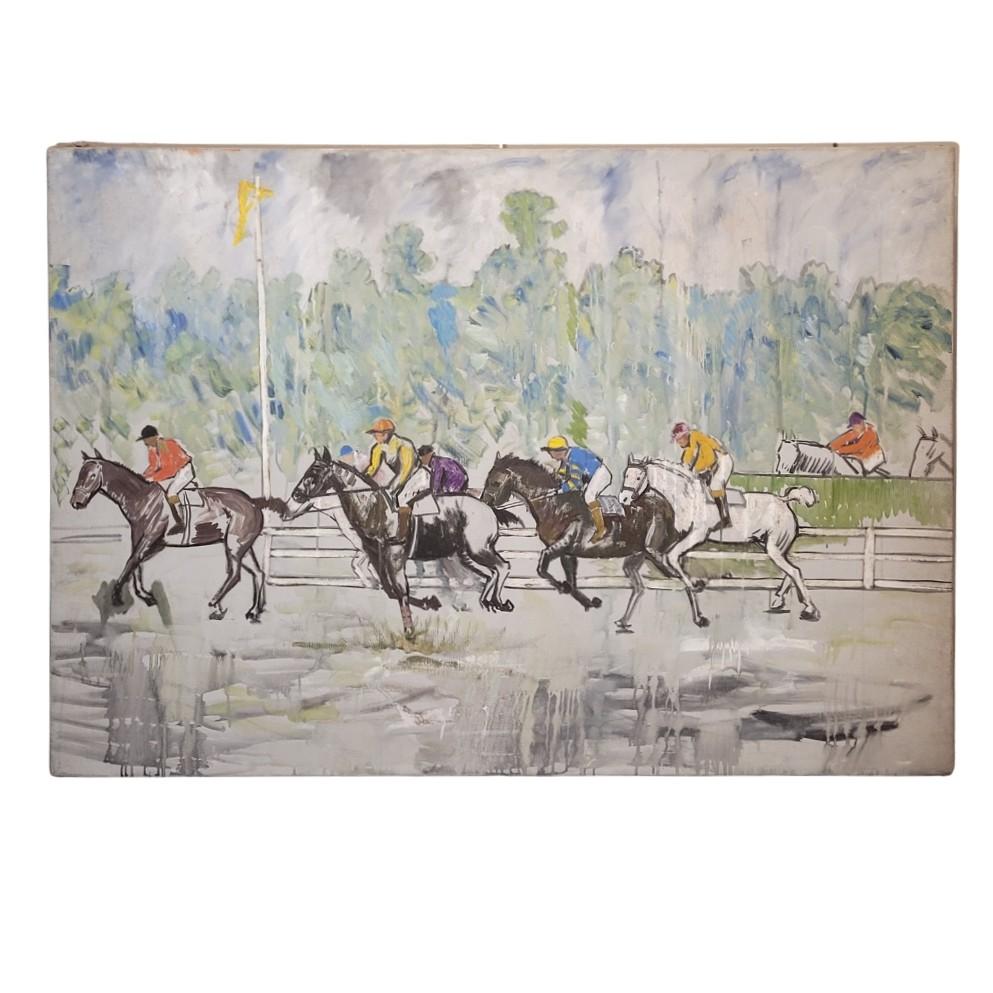 Gorgeous and unique painting by Léolaf, the artist name of Léon Lafourcade. It depicts an equestrian scene of riders racing, capturing the energy and dynamism of the moment. The work features a vibrant color palette for the riders and horses, with