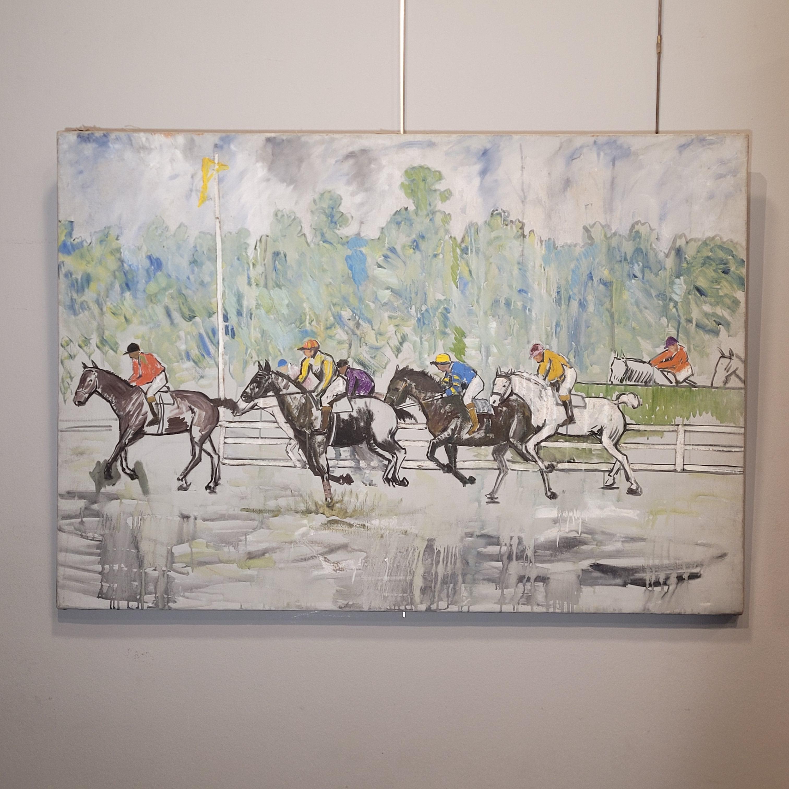 Hand-Painted France Acrylic on canvas “Horse Race” Auteuil Paris, Léon Lafourcade For Sale