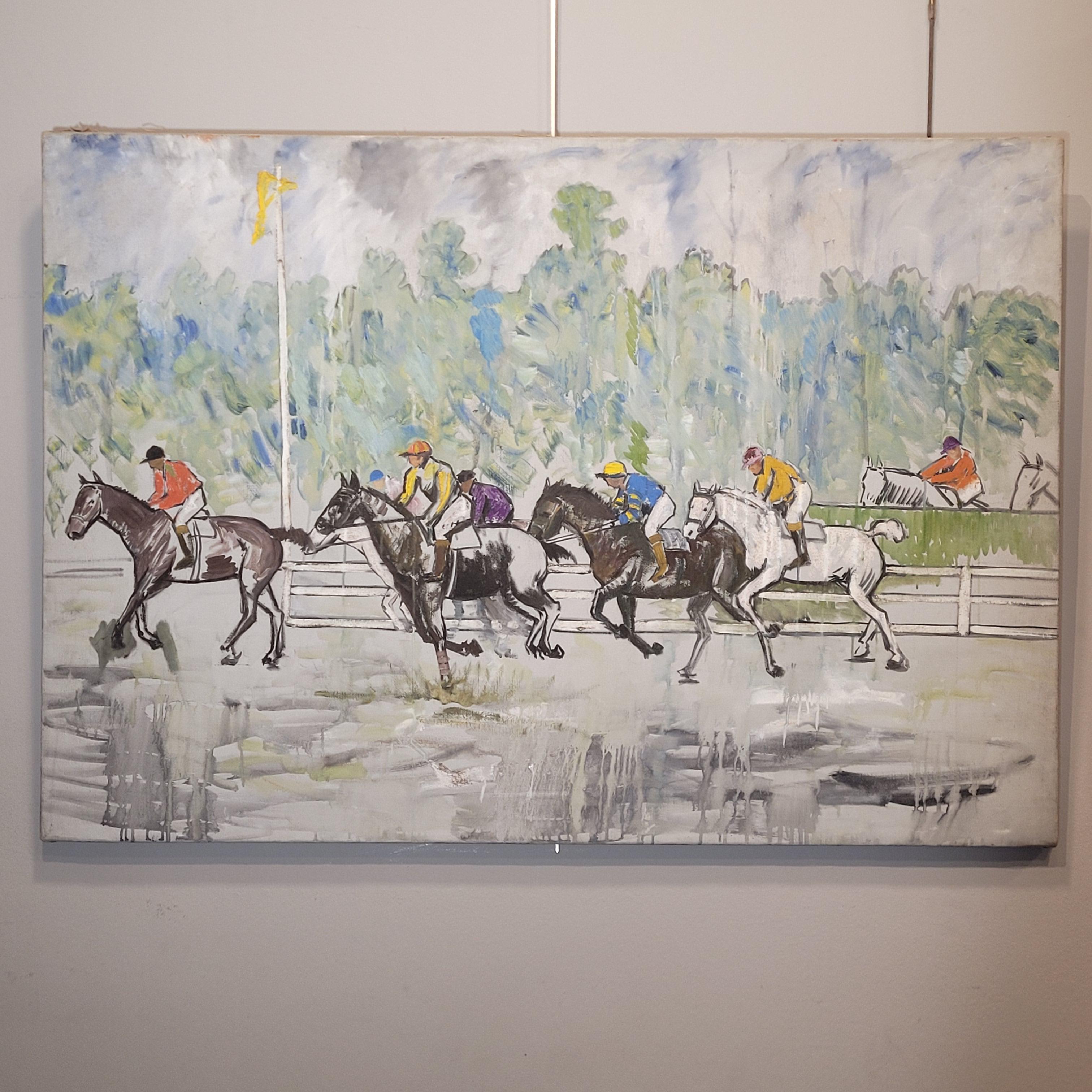 France Acrylic on canvas “Horse Race” Auteuil Paris, Léon Lafourcade In Good Condition For Sale In Valladolid, ES