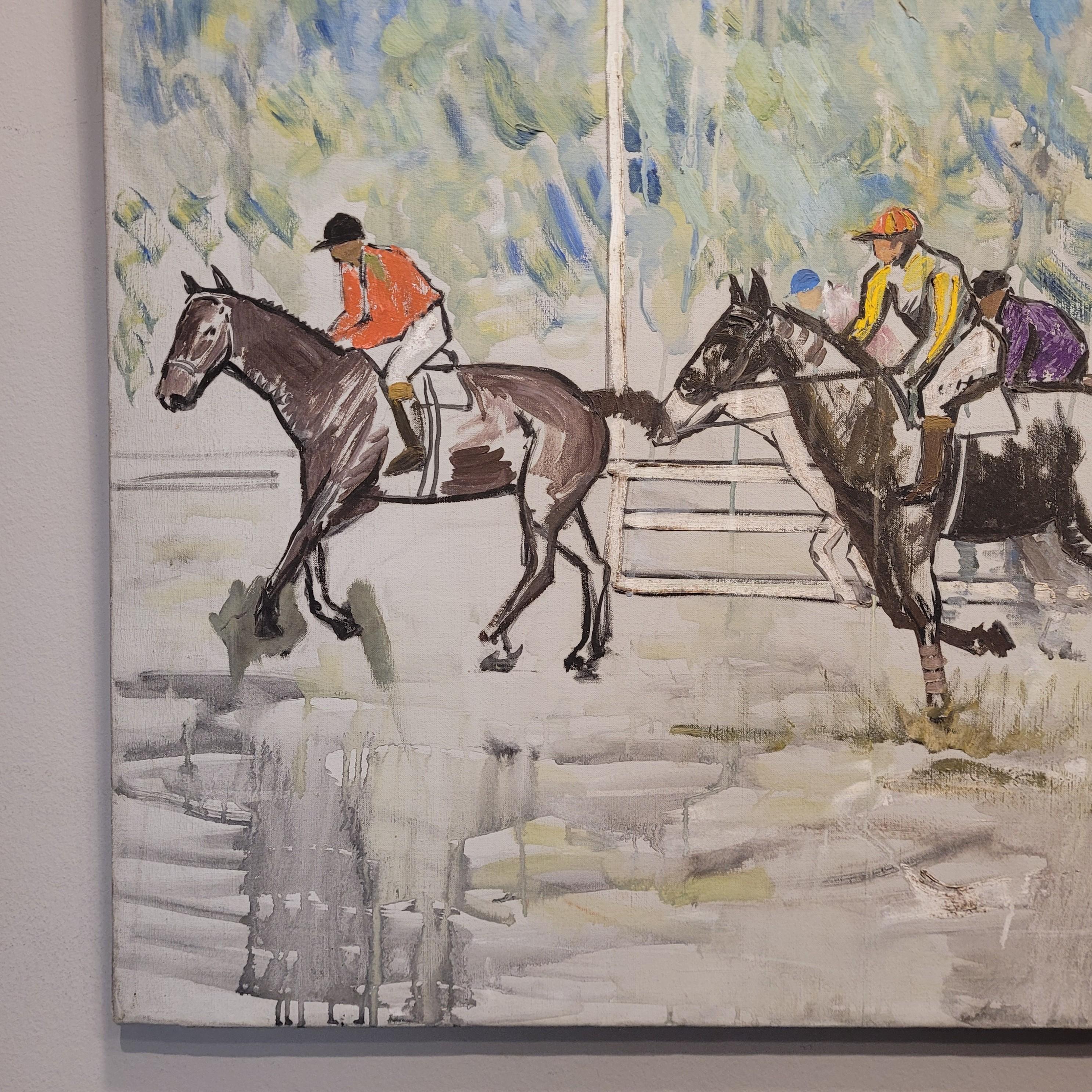 Late 19th Century France Acrylic on canvas “Horse Race” Auteuil Paris, Léon Lafourcade For Sale