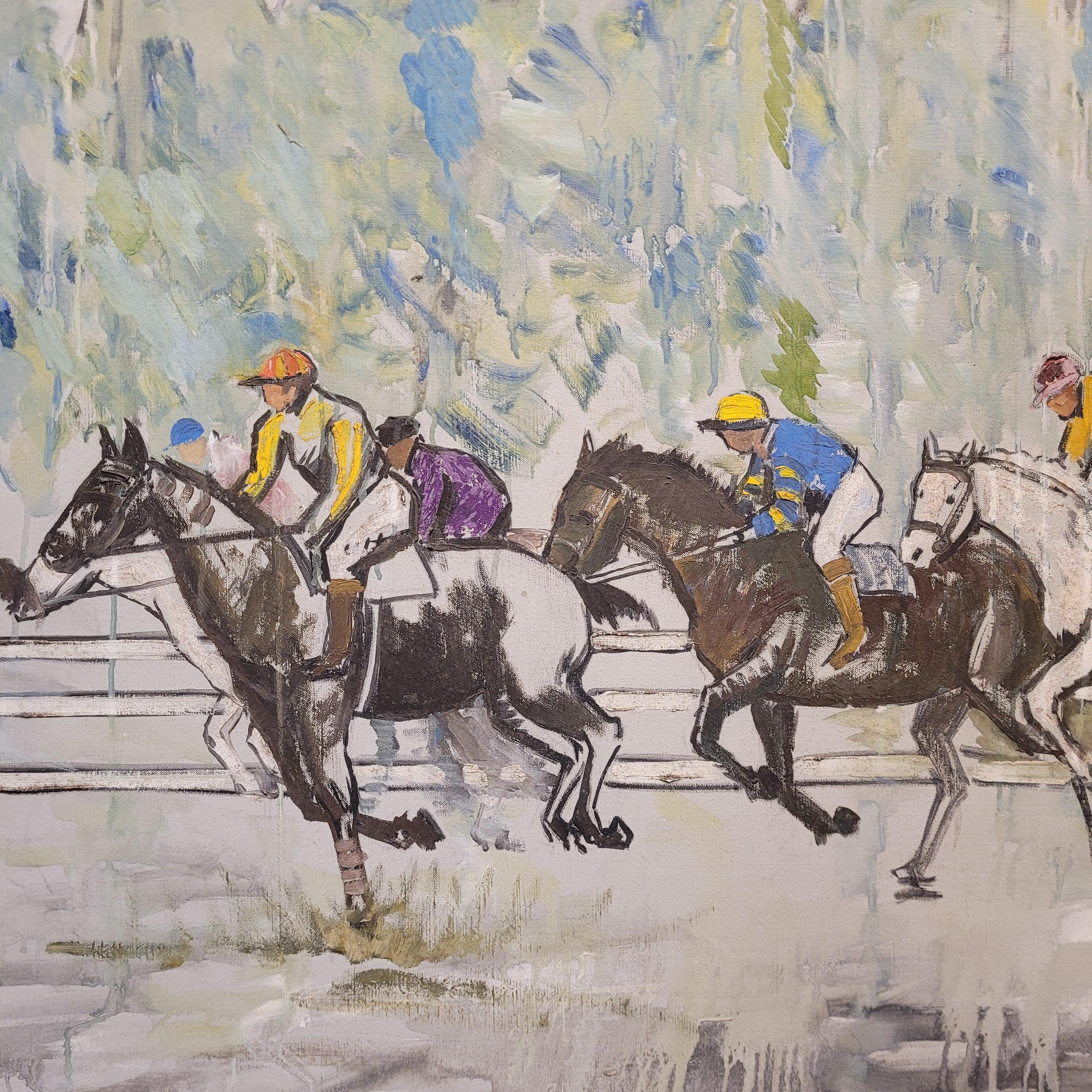 Canvas France Acrylic on canvas “Horse Race” Auteuil Paris, Léon Lafourcade For Sale