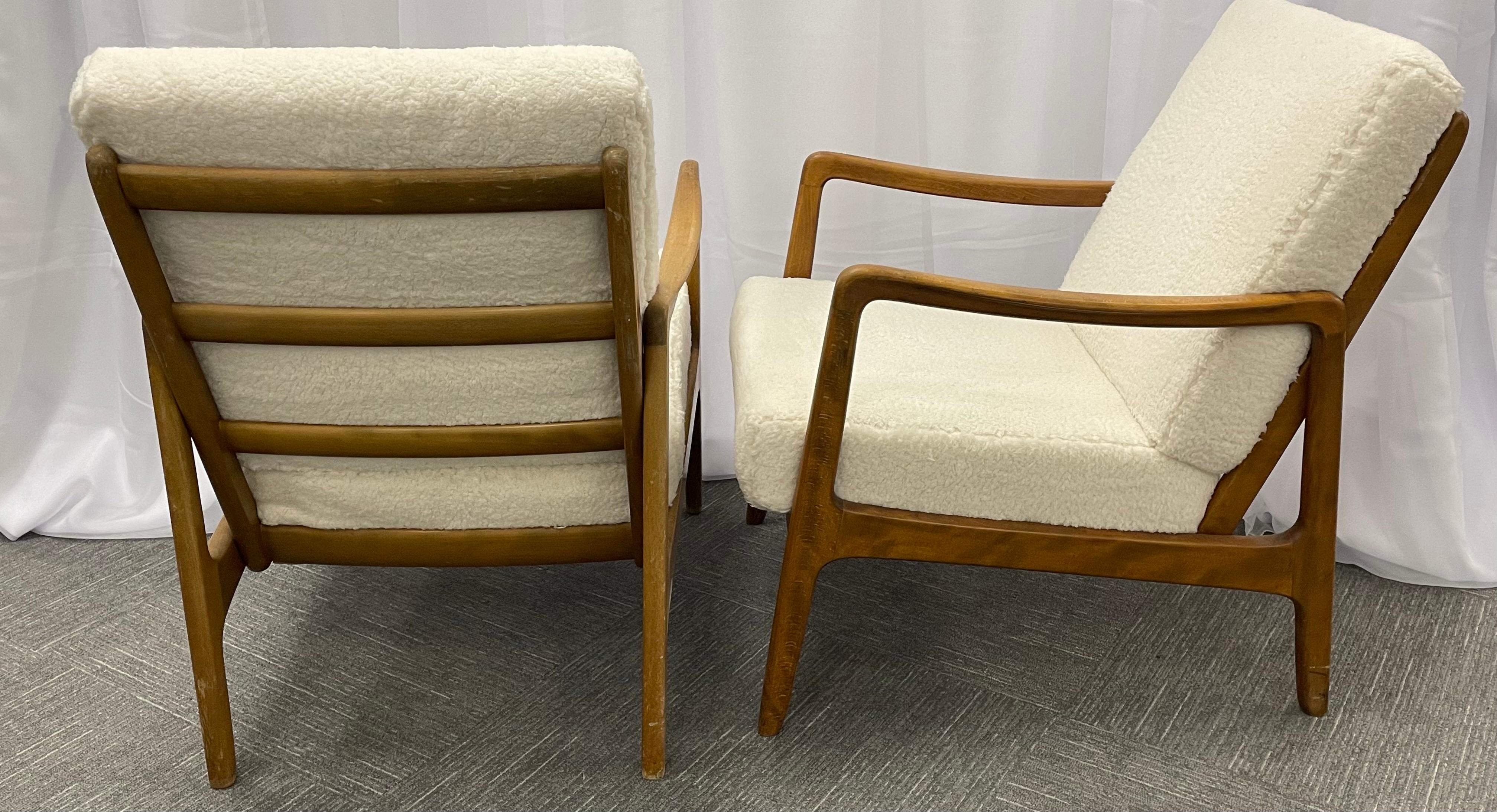 France and Daverkosen Teak Armchairs, Mid-Century Modern in Sherpa Style Fabric In Good Condition In Stamford, CT