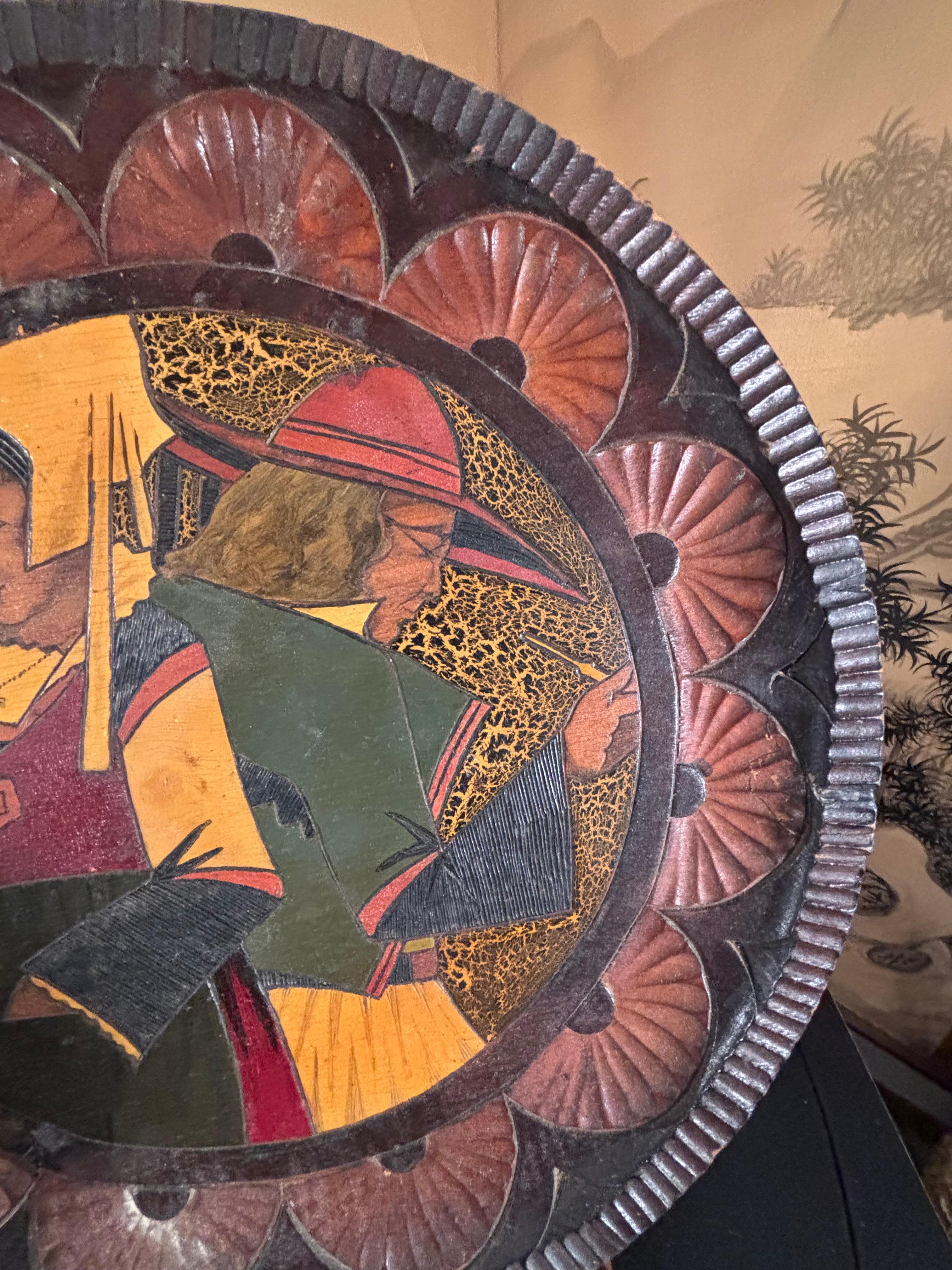 Français France Antique Paul Fouillen Arts Crafts Pyrography Platter Signed en vente