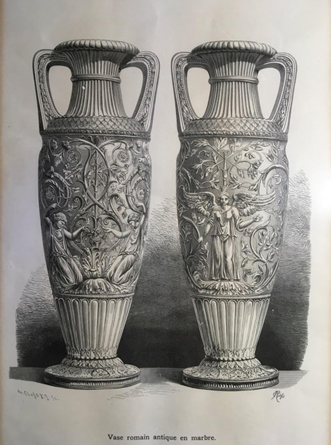 1850 France Antique Roman Marble Urnes Neoclassical Black and White Print For Sale 11