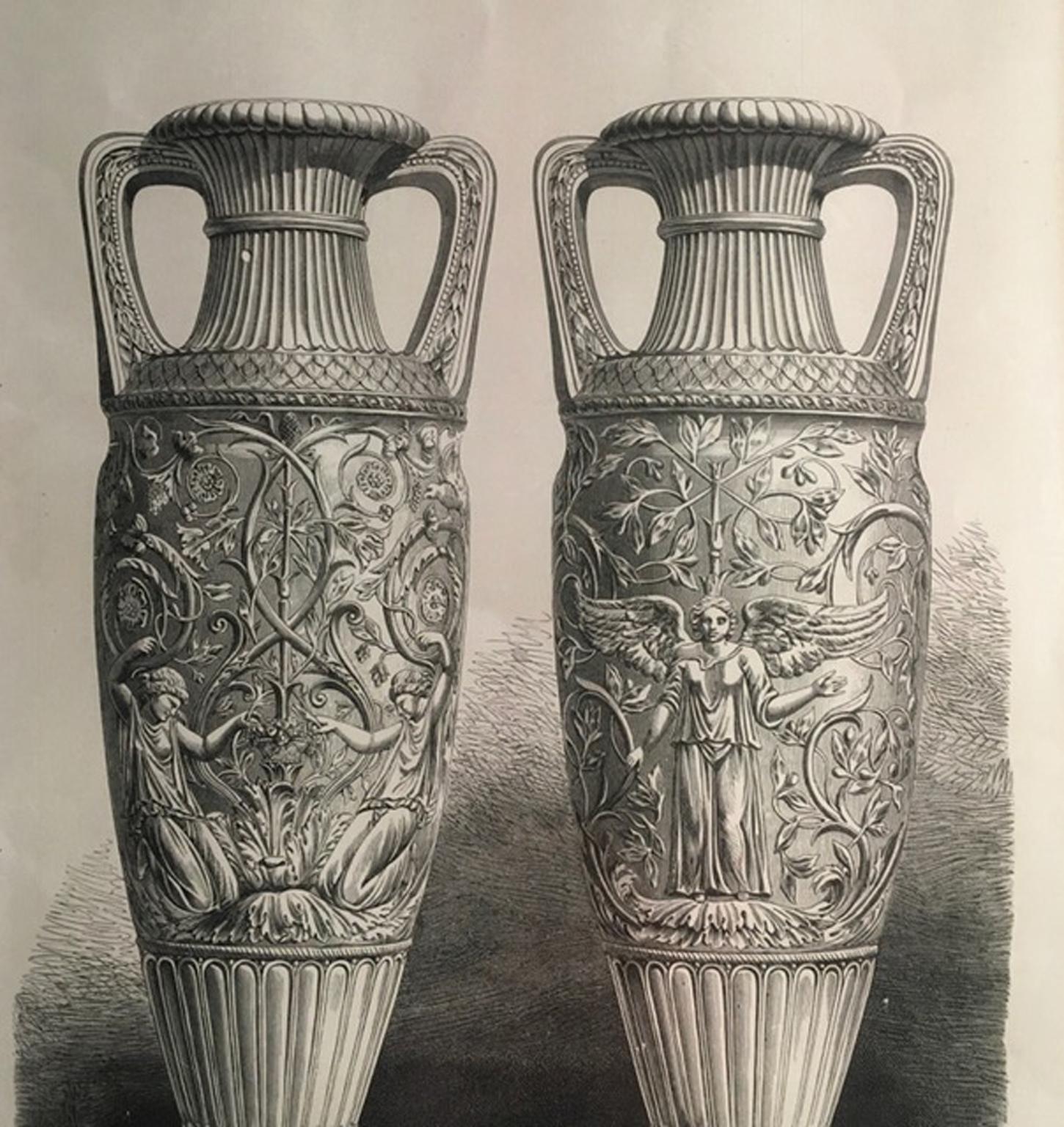 Antike römische Marmorurnen im neoklassizistischen Schwarz-Weiß-Druck, 1850 (Französisch) im Angebot