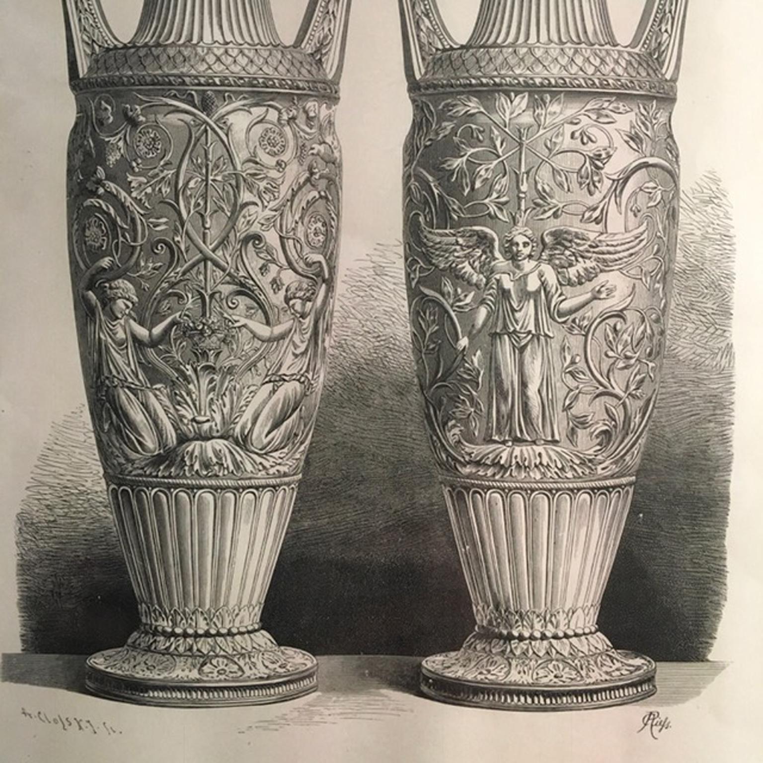 Antike römische Marmorurnen im neoklassizistischen Schwarz-Weiß-Druck, 1850 (Handgefertigt) im Angebot