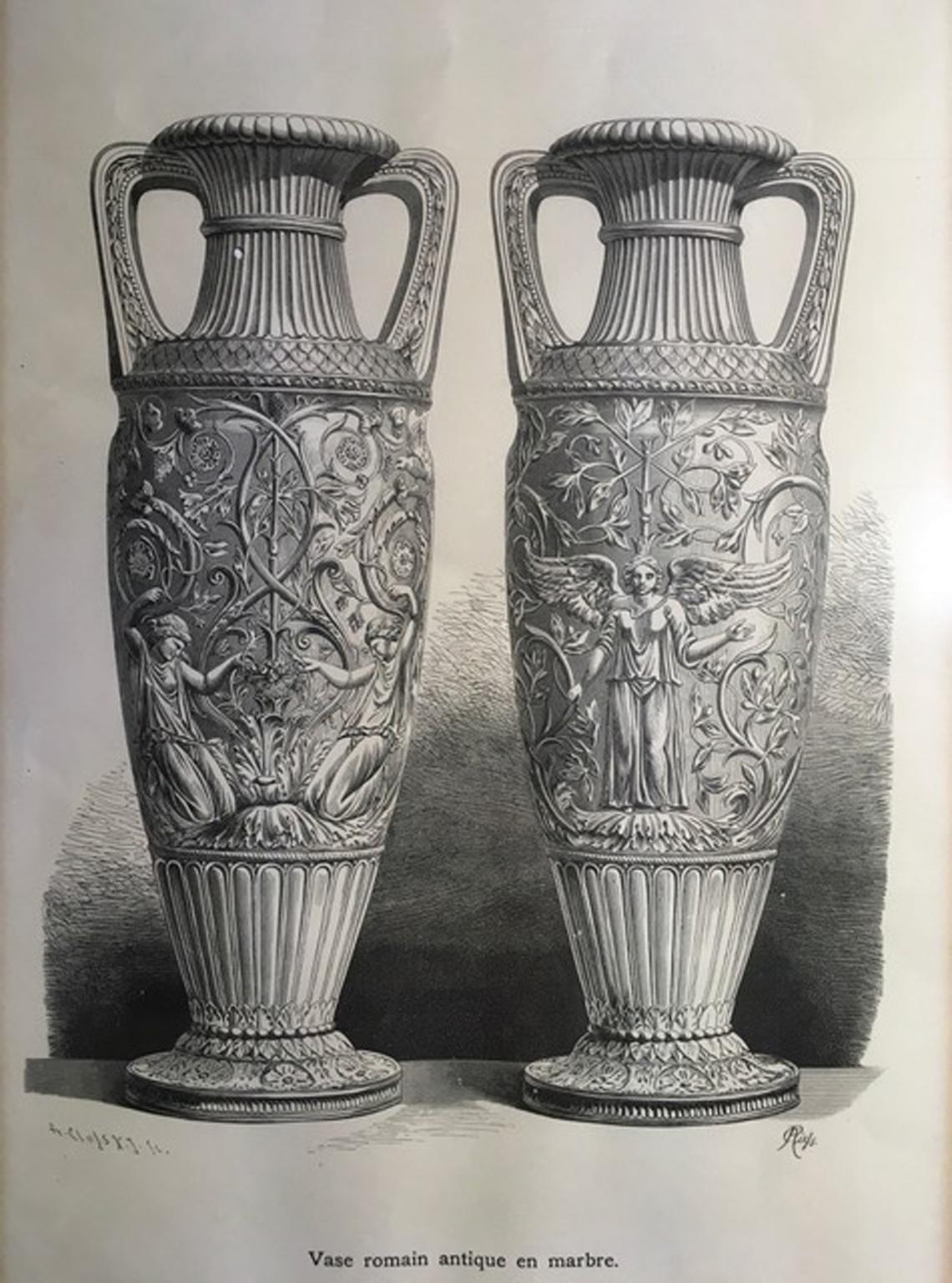 Hand-Crafted 1850 France Antique Roman Marble Urnes Neoclassical Black and White Print For Sale