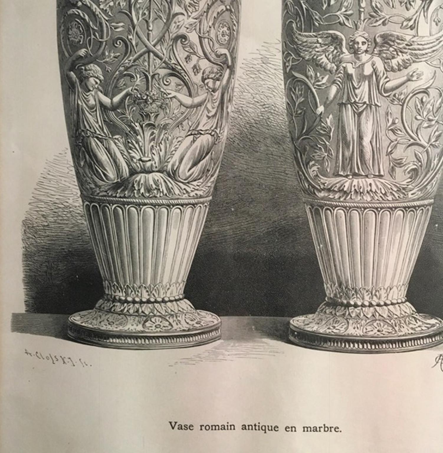 1850 France Antique Roman Marble Urnes Neoclassical Black and White Print In Good Condition For Sale In Brescia, IT