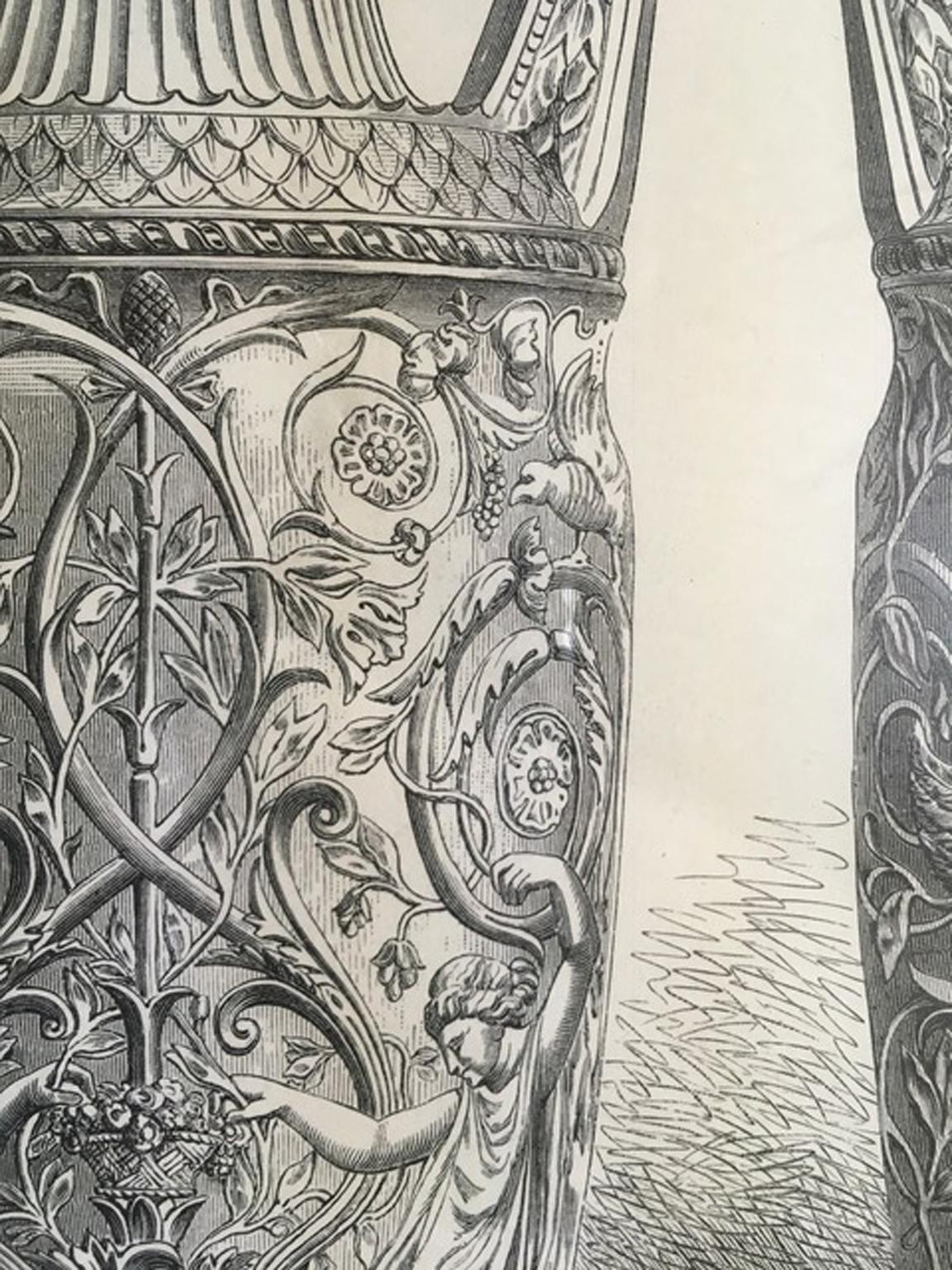 1850 Francia Antigua Urna Romana de Mármol Impresión Neoclásica en Blanco y Negro Madera en venta