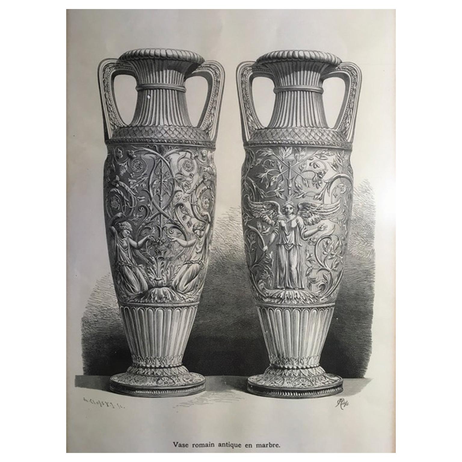 1850 France Antique Roman Marble Urnes Neoclassical Black and White Print For Sale
