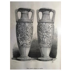 1850 France Antique Roman Marble Urnes Neoclassical Black and White Print