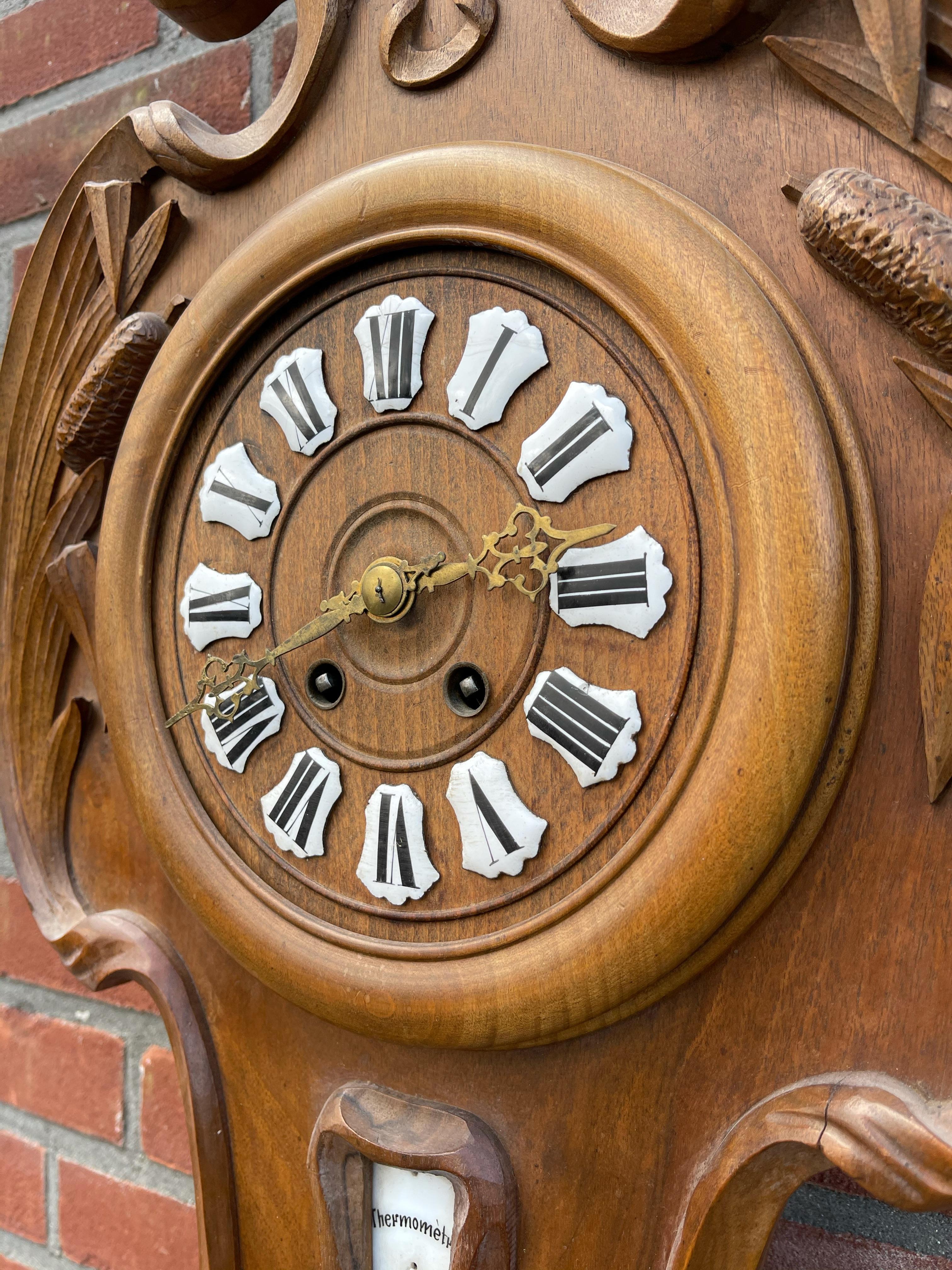 Horloge murale sculptée et baromètre Art nouveau unique de style L'ecole Nancy avec thermomètre en vente 4