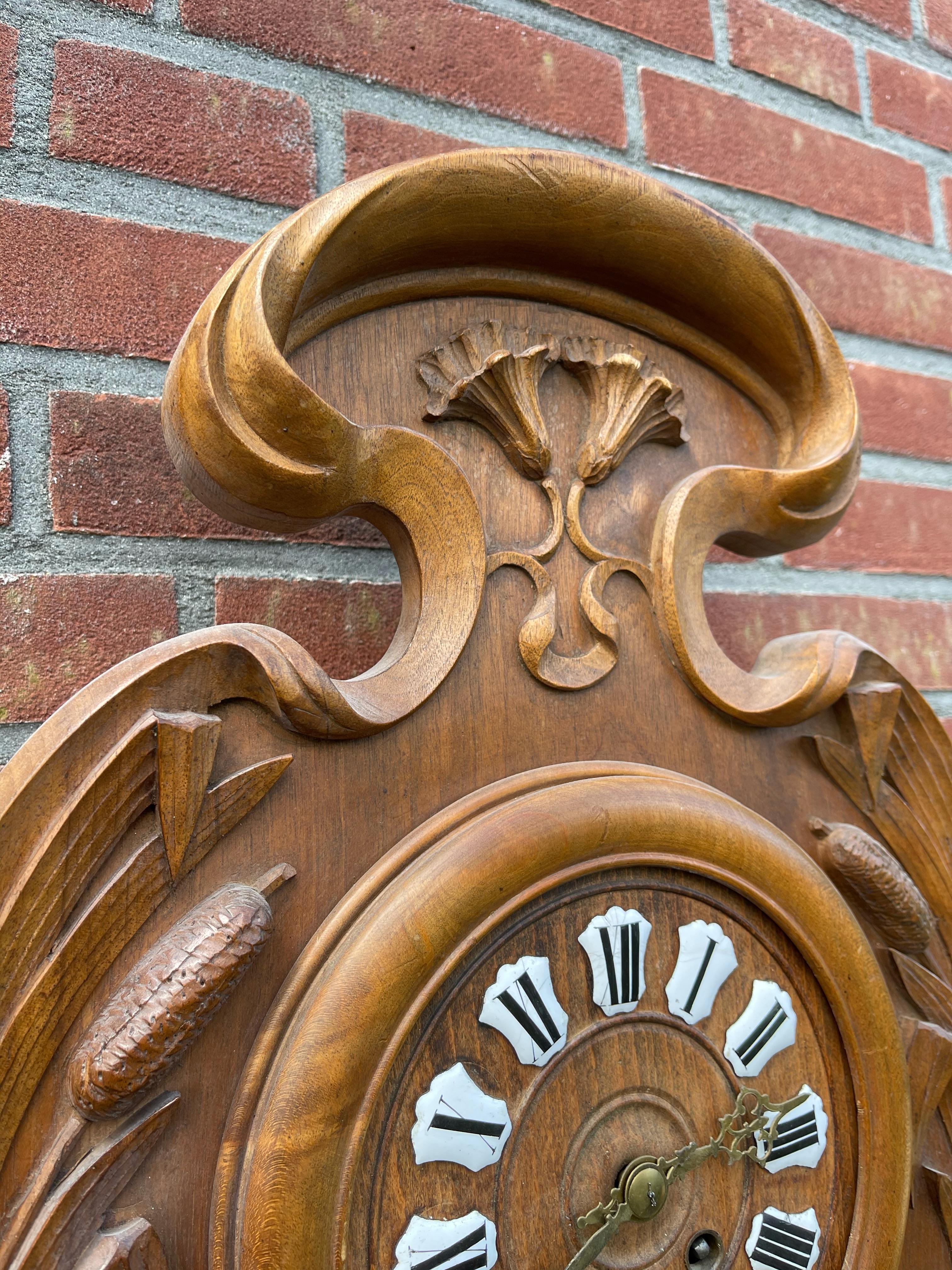 Geschnitzte Wanduhr im Art nouveau-Stil von L'ecole Nancy, Thermometer und Barometer, einzigartig im Angebot 5