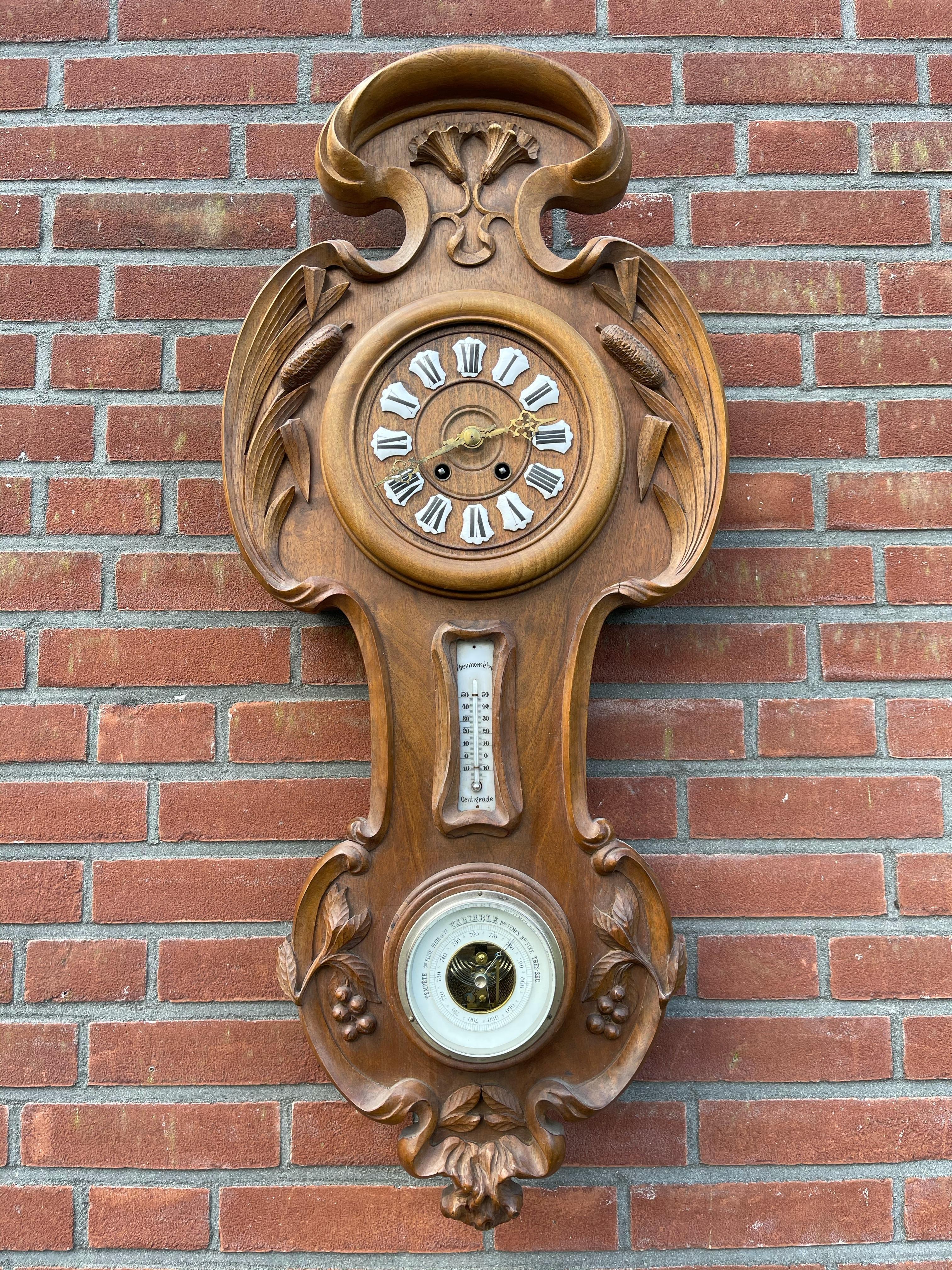 Horloge murale sculptée et baromètre Art nouveau unique de style L'ecole Nancy avec thermomètre en vente 10