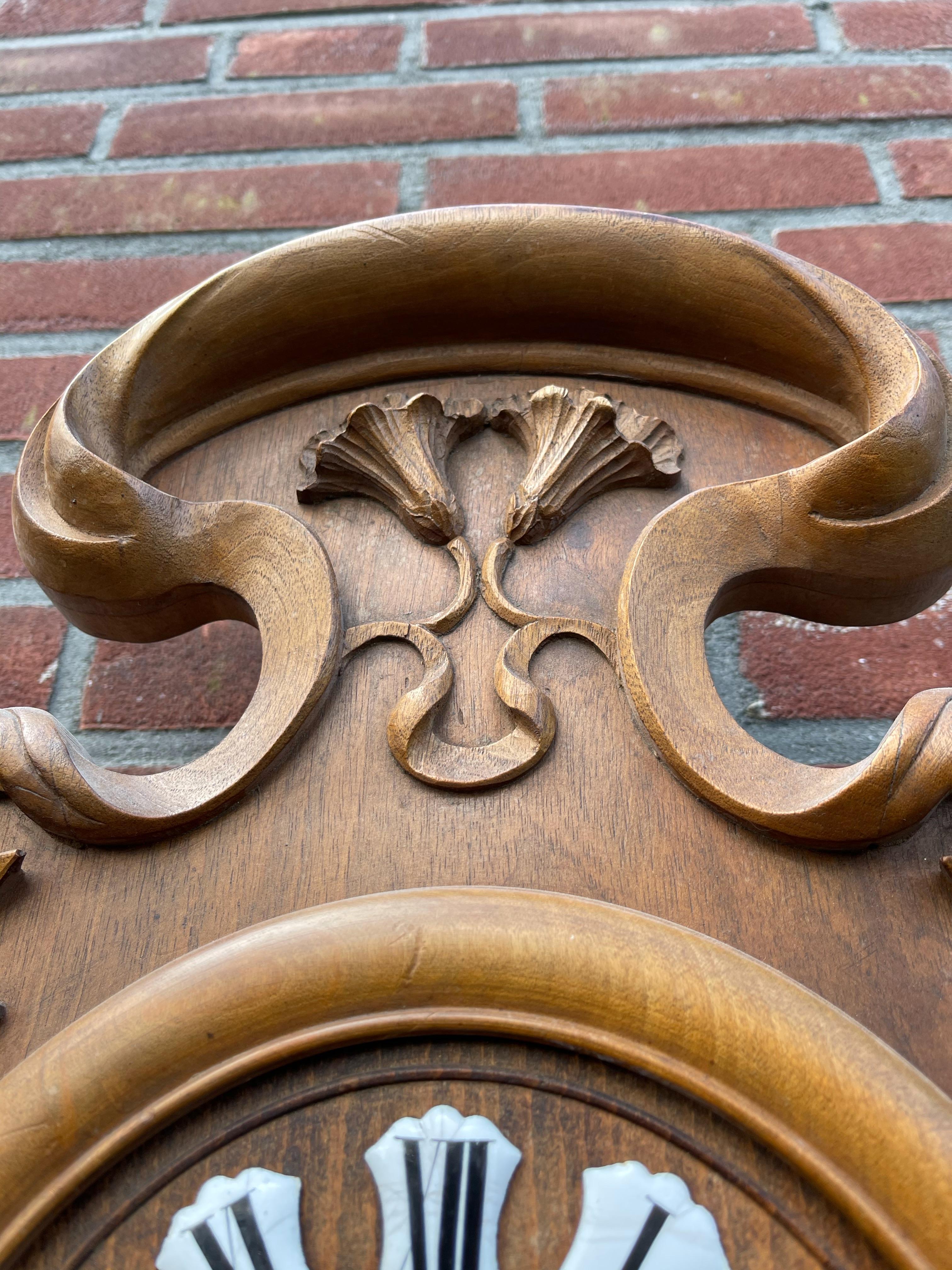 French Unique Art Nouveau L'ecole Nancy Style Carved Wall Clock Thermometer & Barometer For Sale