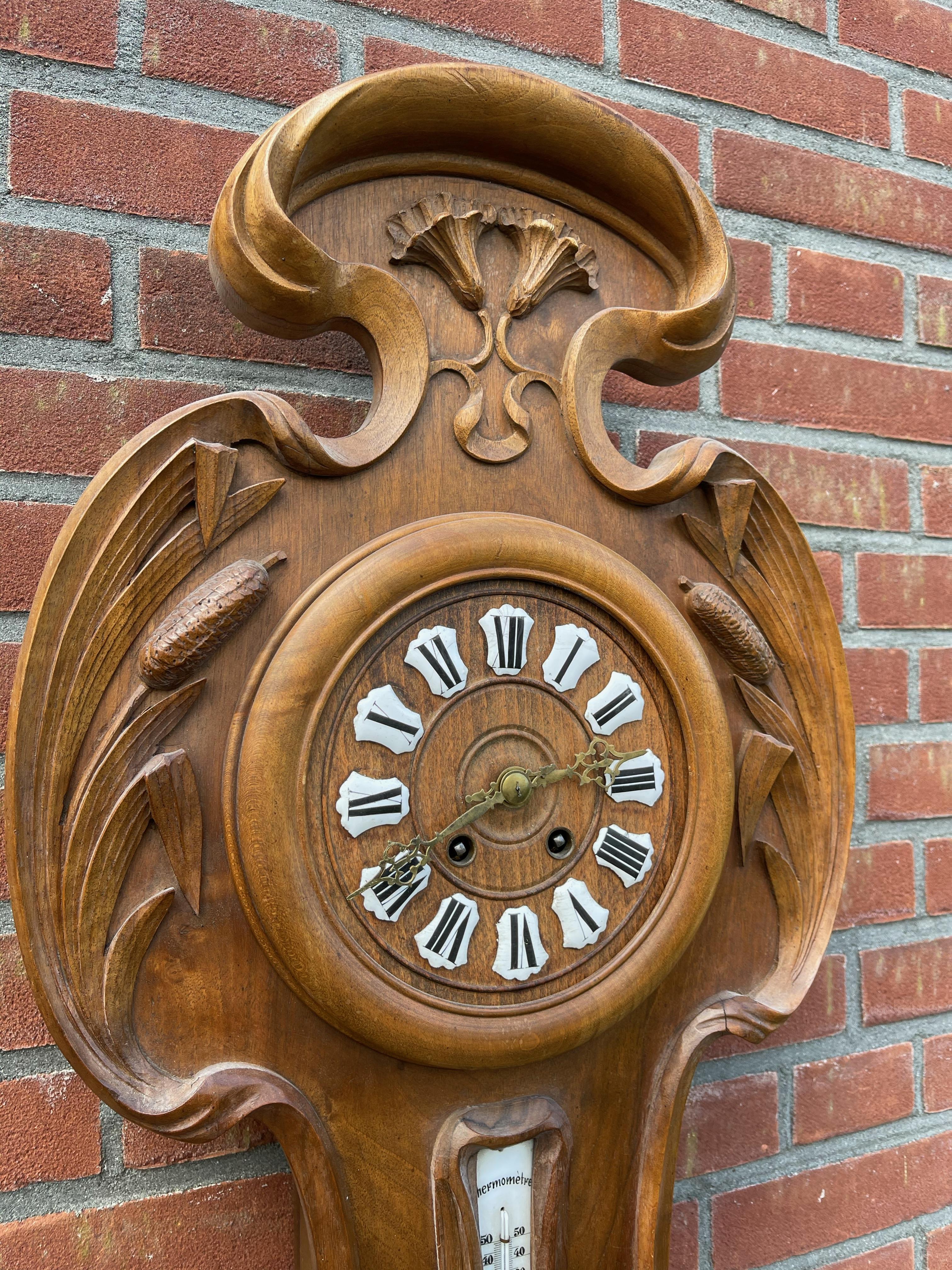 Beveled Unique Art Nouveau L'ecole Nancy Style Carved Wall Clock Thermometer & Barometer For Sale