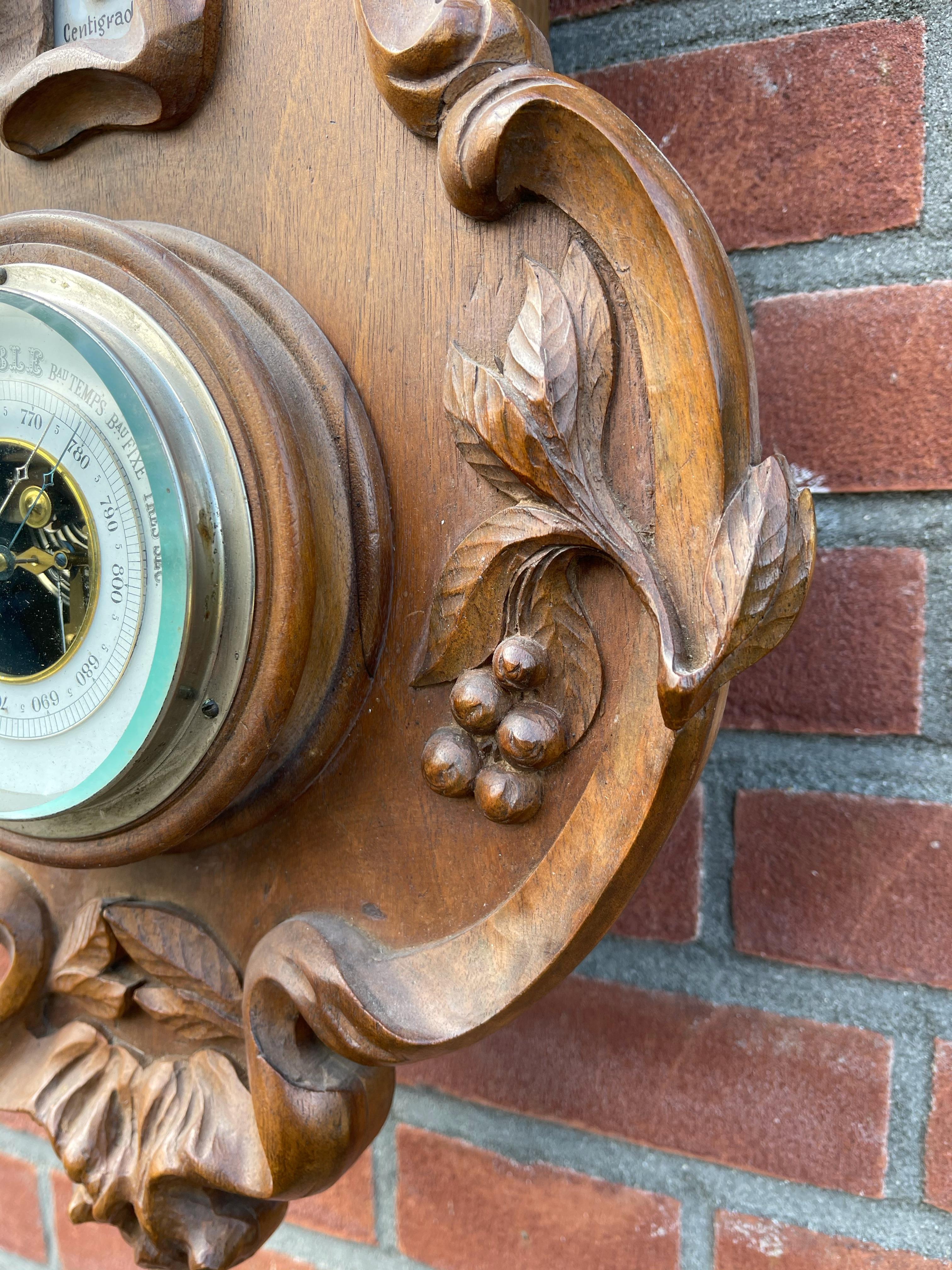 20th Century Unique Art Nouveau L'ecole Nancy Style Carved Wall Clock Thermometer & Barometer For Sale