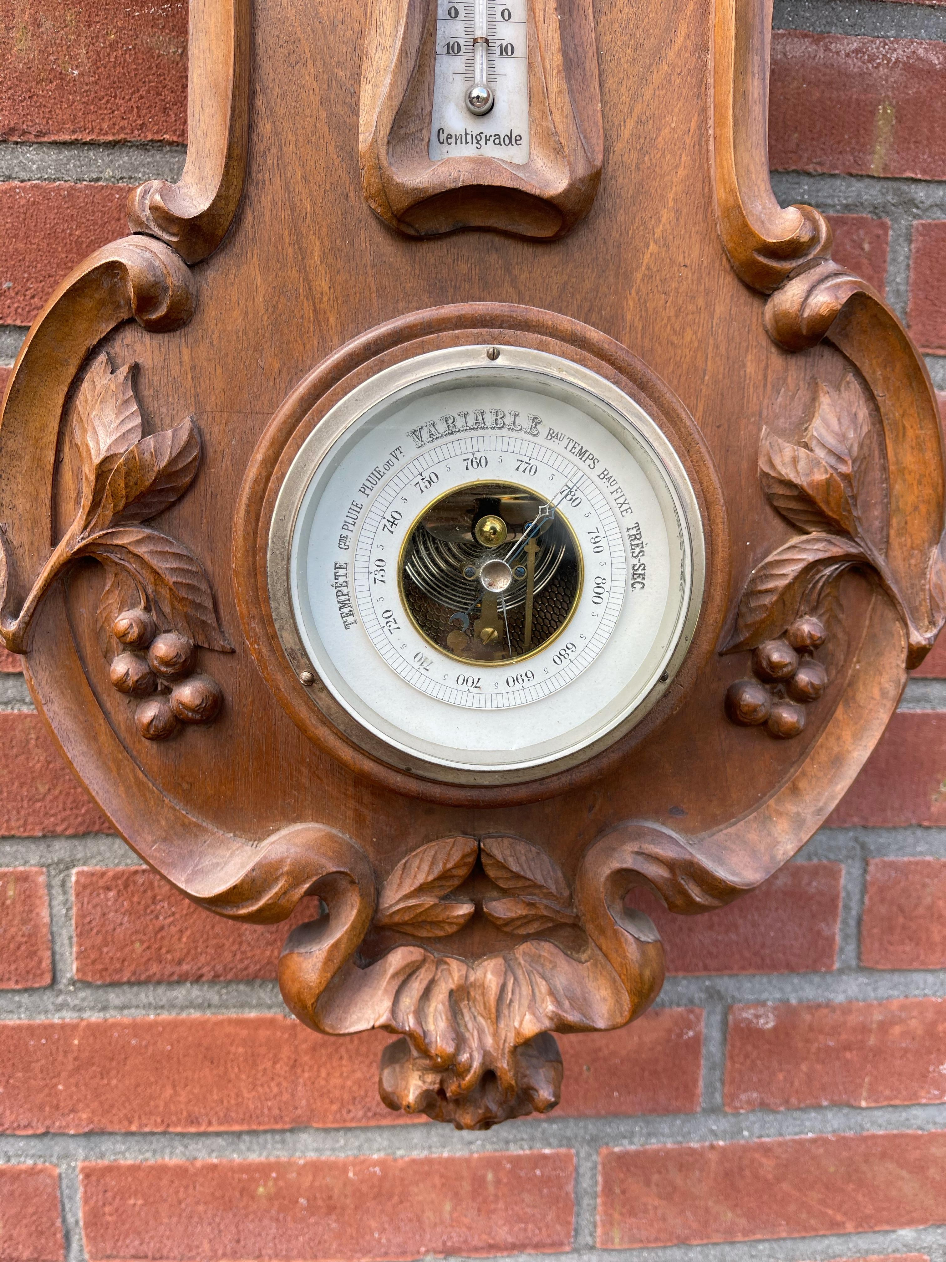 Glass Unique Art Nouveau L'ecole Nancy Style Carved Wall Clock Thermometer & Barometer For Sale