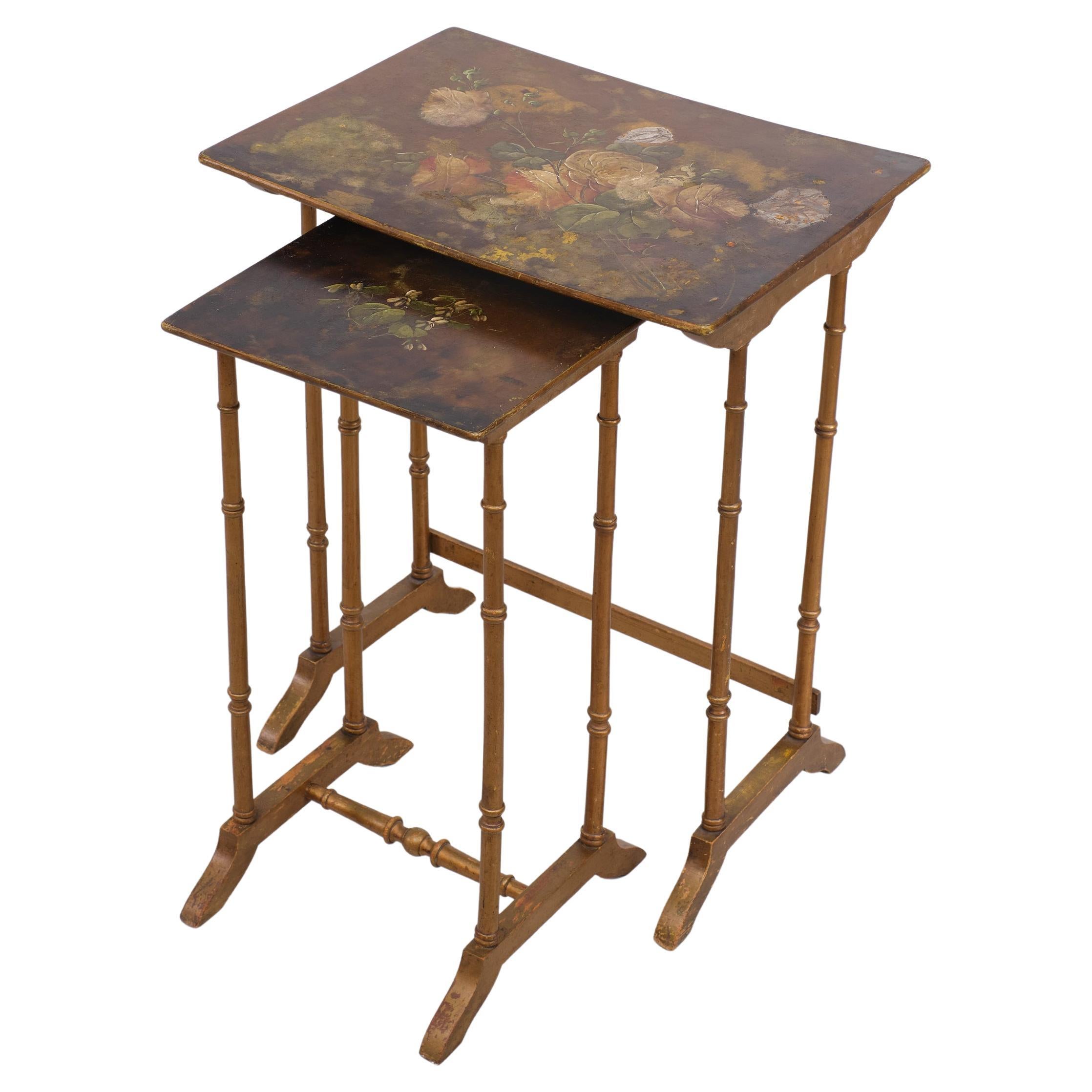 Two very nice Art Nouveau side table. Hand painted Flowers on the tops. These tables are in a distressed condition. In a Japonisme style love this. 
Structural sound.