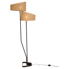 Contemporary Black Metal Floor Lamp & Raffia Shades, France