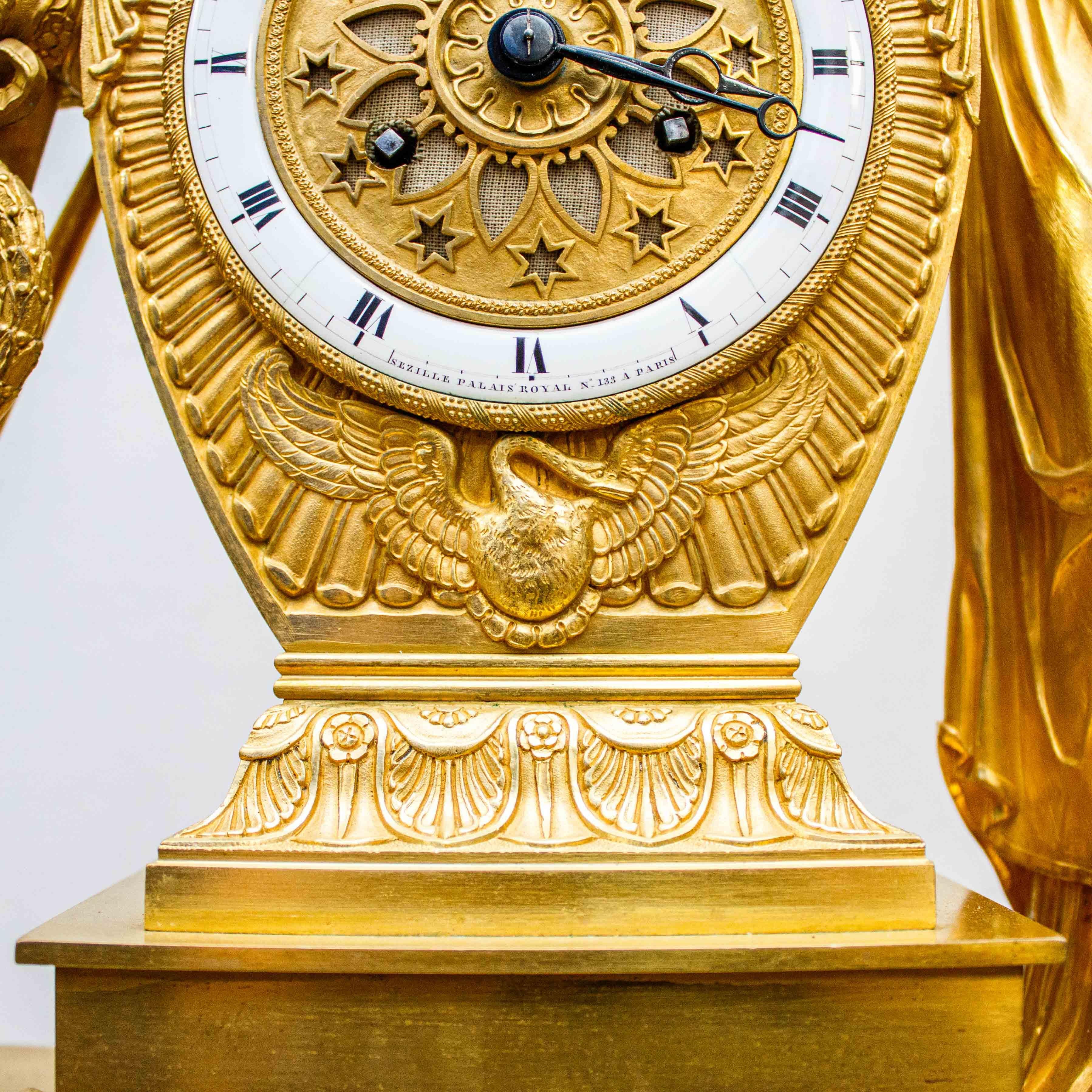 France, circa 1810 -1820 Table Clock with a Handmaid Mercury Gilded Bronze For Sale 4