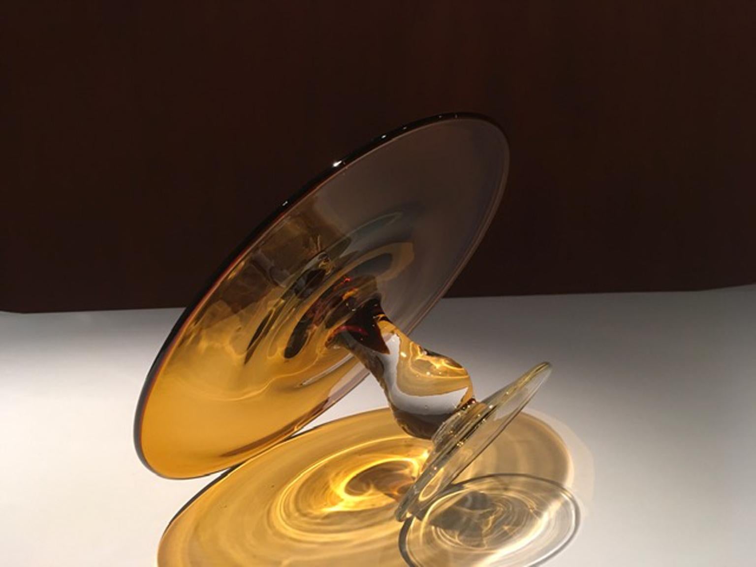 Contemporary France Art Deco Style Footed Dish Amber Glass For Sale