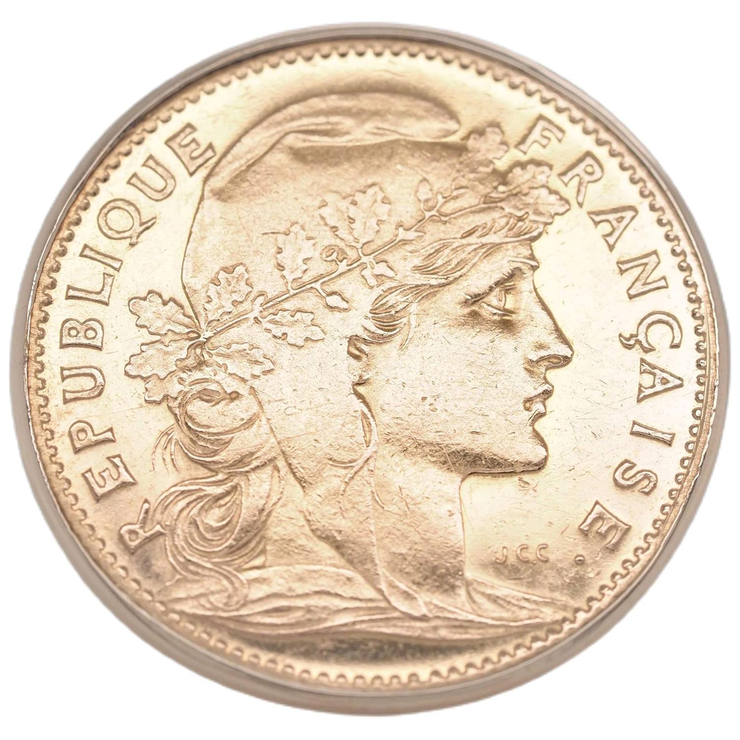 Frankreich Gold 20 Francs 1907 Münze 14 Karat Gelbgold Ring im Angebot