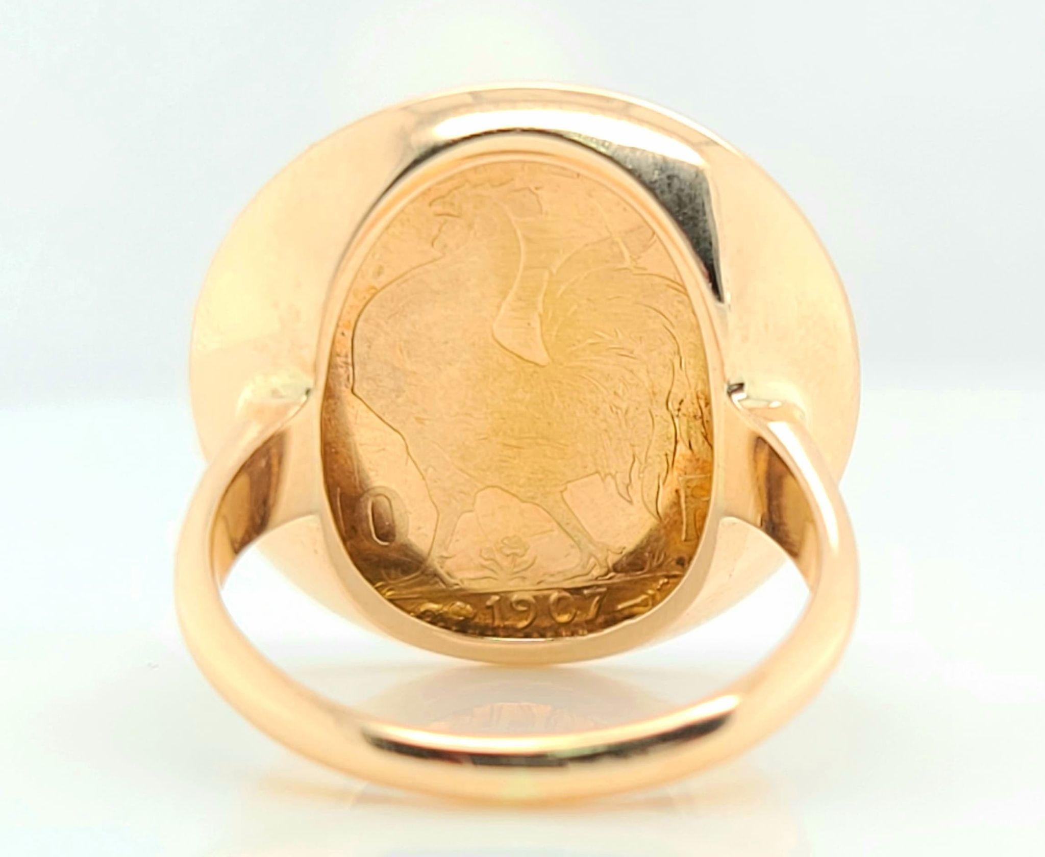 Frankreich Gold 20 Francs 1907 Münze 14 Karat Gelbgold Ring im Zustand „Gut“ im Angebot in Addison, TX