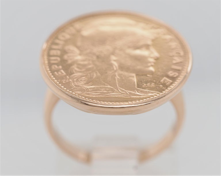 France Gold 20 Francs 1907 Coin 14 Karat Yellow Gold Ring For Sale at