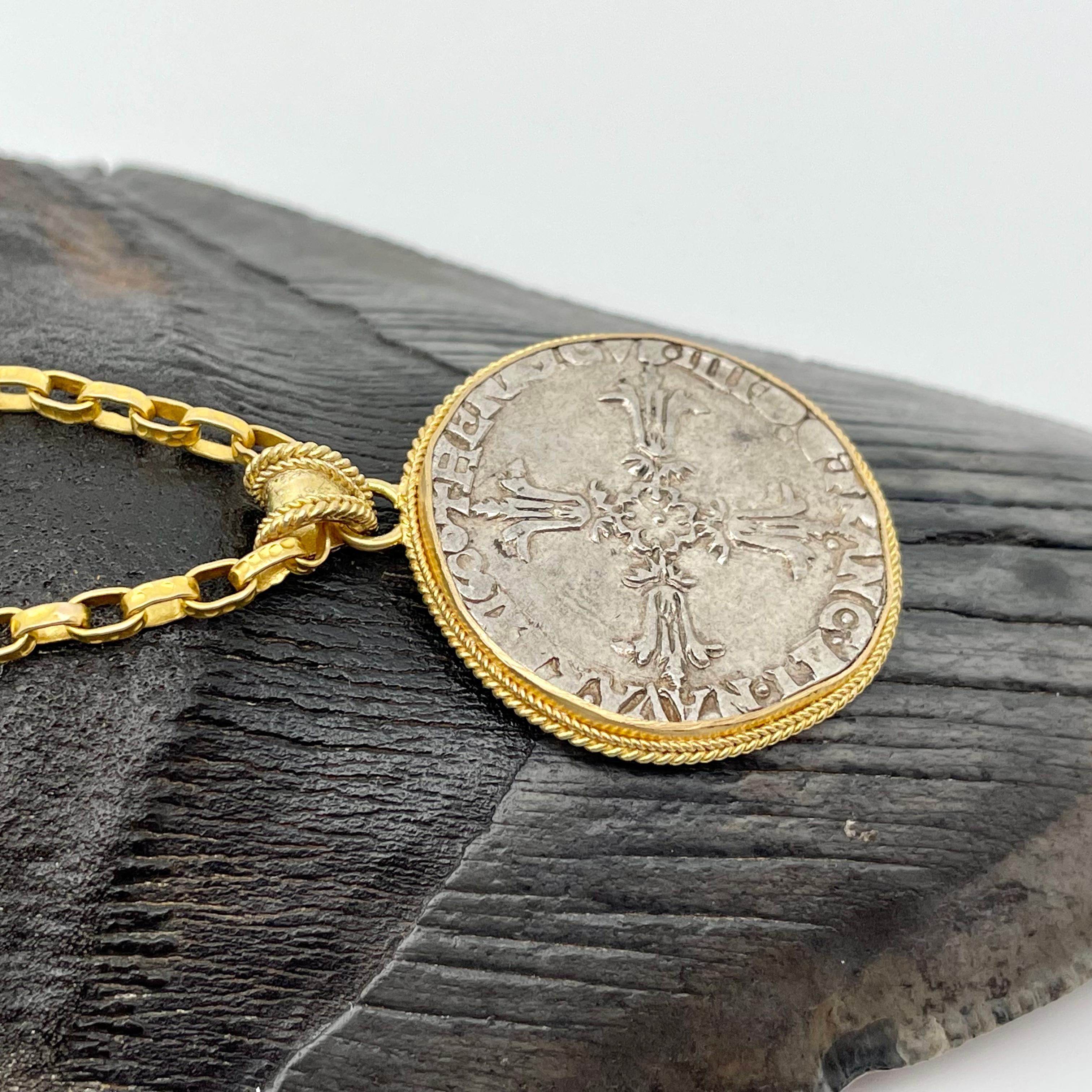 Renaissance France Henri IV 1606 1/4 Ecu Coin 18K Gold Pendant For Sale