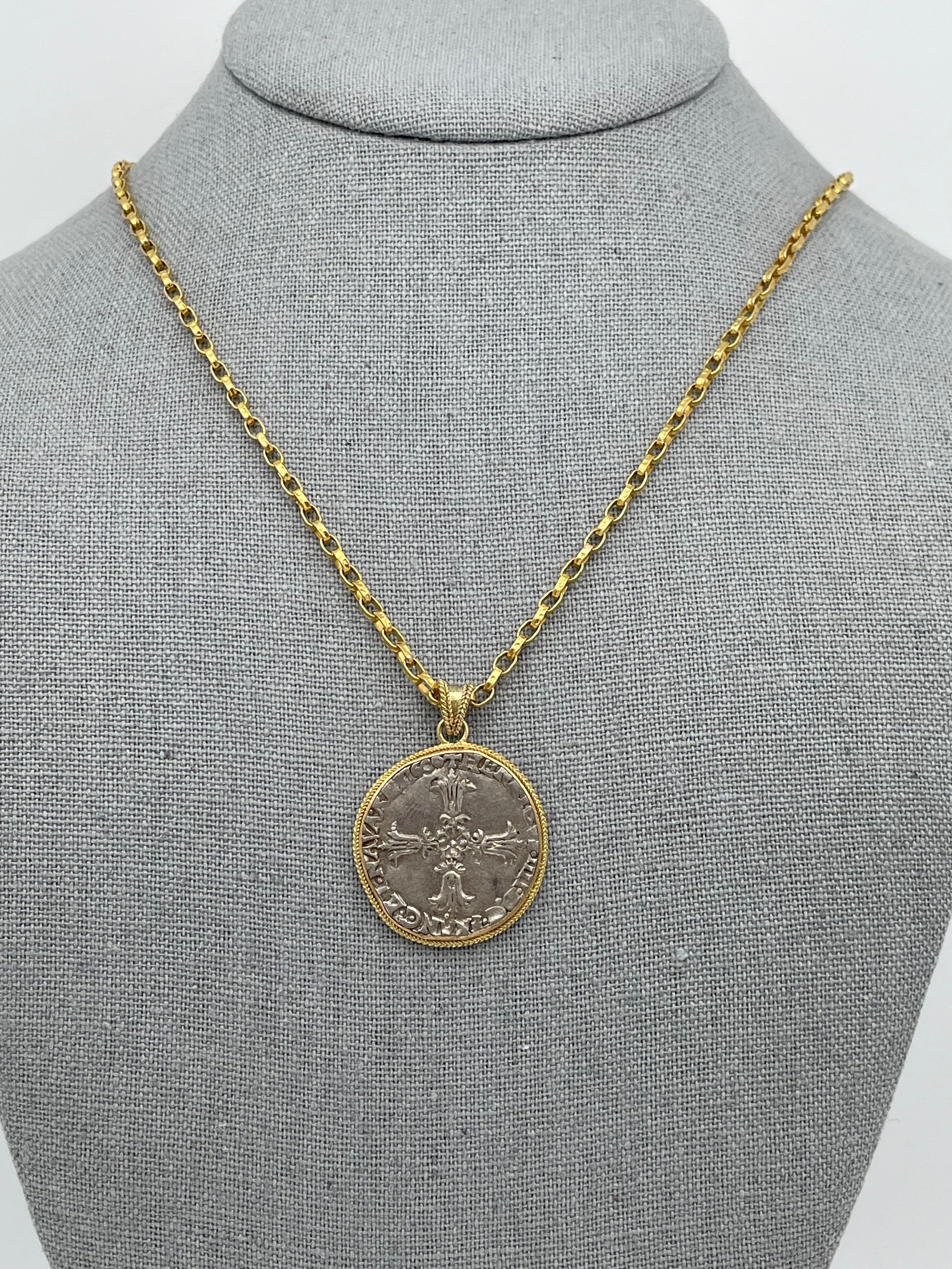 Women's or Men's France Henri IV 1606 1/4 Ecu Coin 18K Gold Pendant For Sale