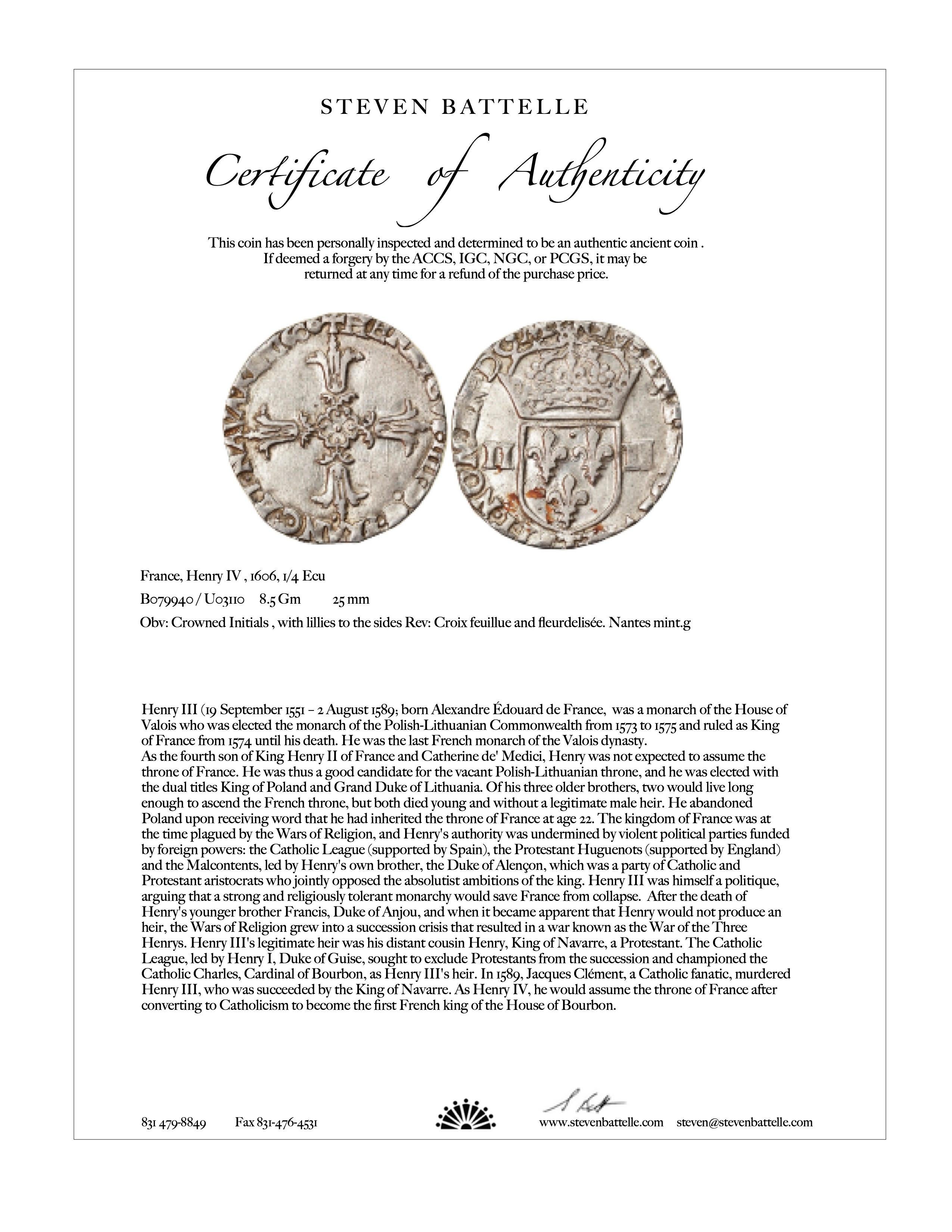 France Henri IV 1606 1/4 Ecu Coin 18K Gold Pendant For Sale 1