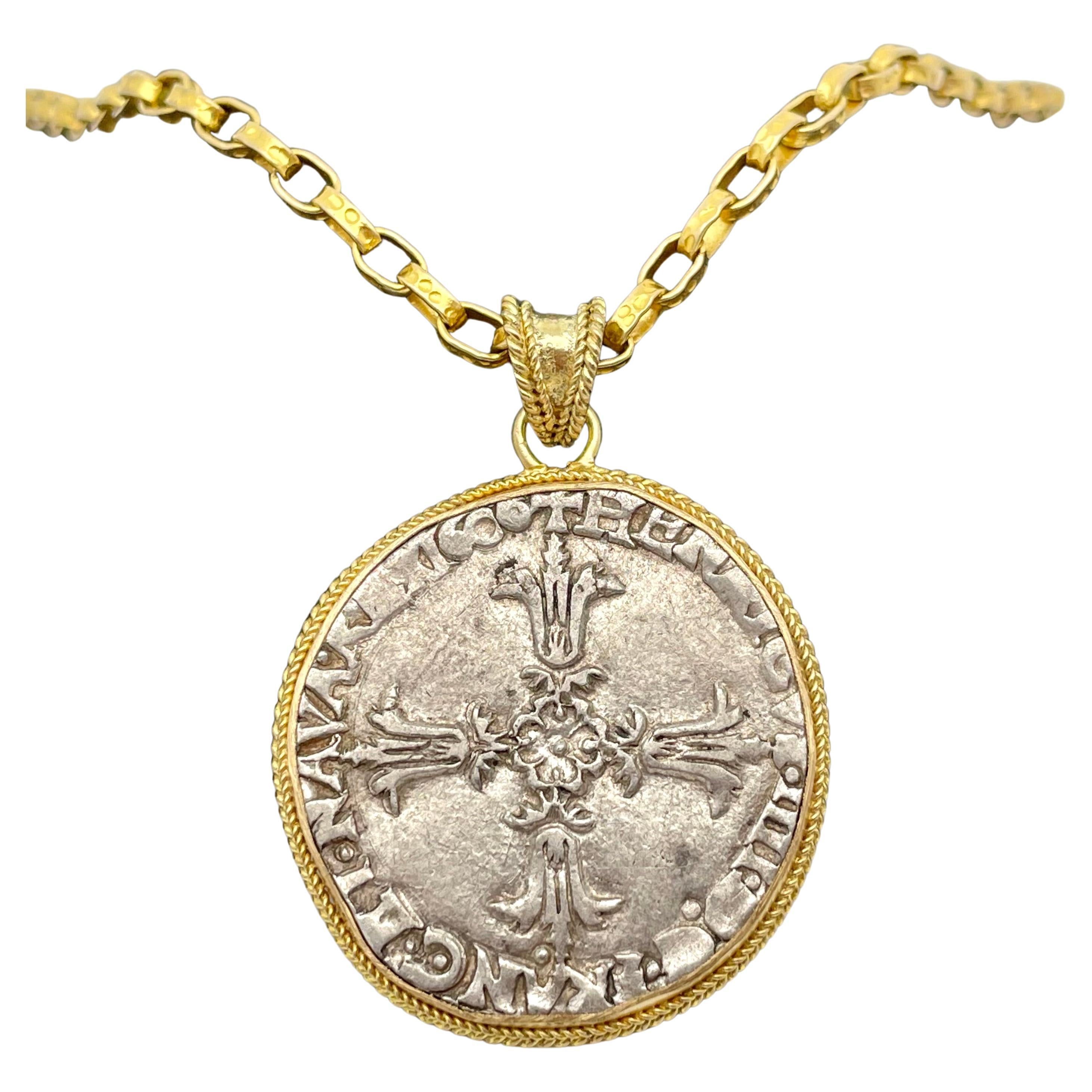 France Henri IV 1606 1/4 Ecu Coin 18K Gold Pendant For Sale