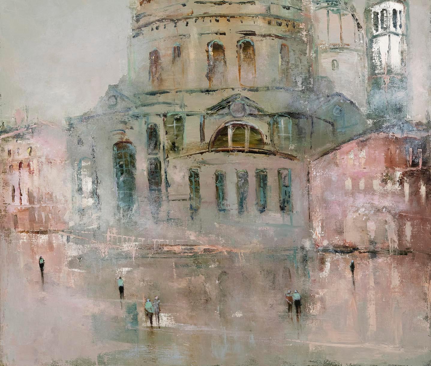 Ethereal city scene by Canadian master, France Jodoin. Her cityscapes are imagined by France as she develops a painting on the canvas. She creates a sense of mystery and narrative in her imaginative compositions while simultaneously managing to