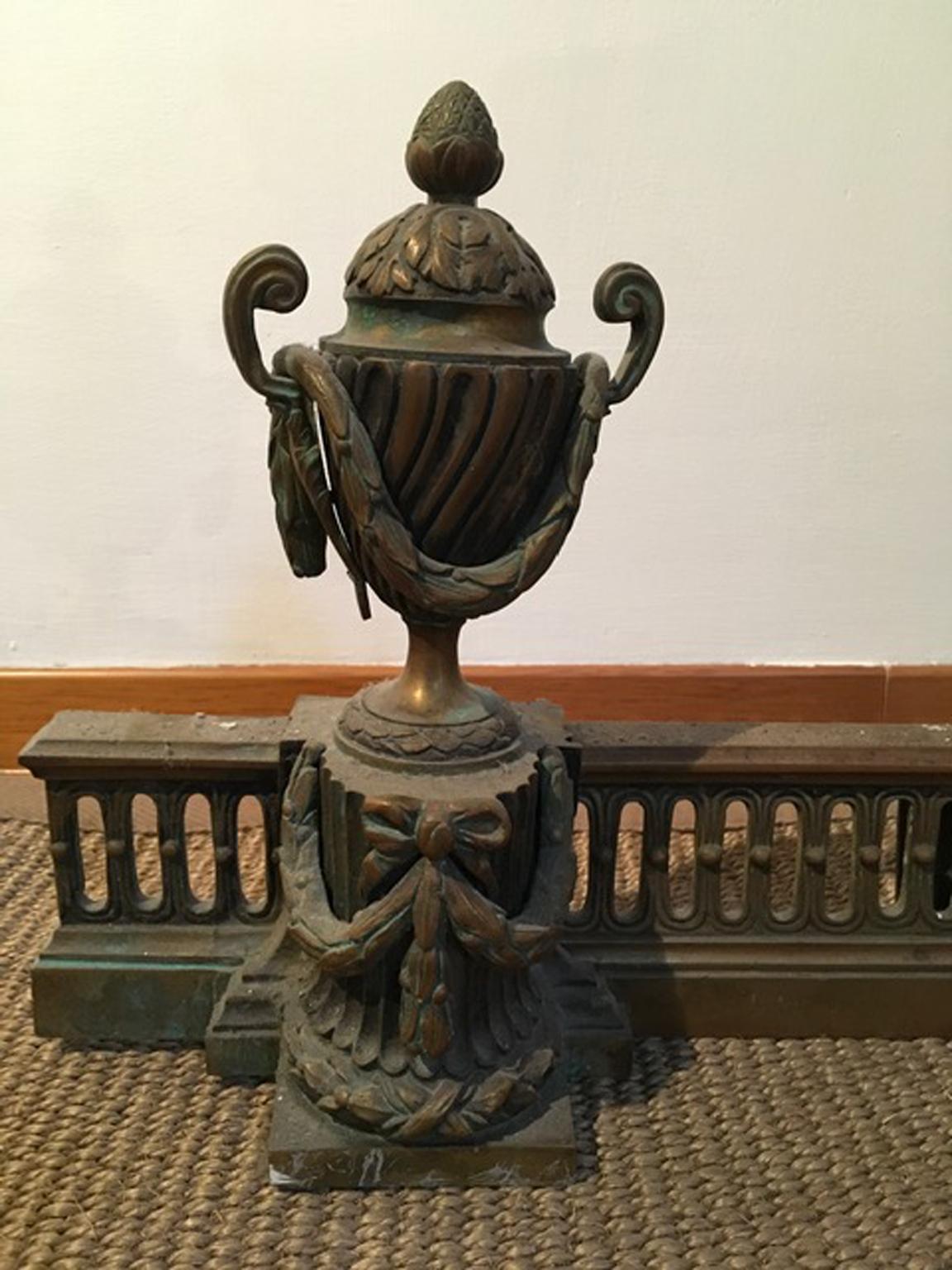 Hand-Carved France Late 18th Century Bronze Fireplace Andirons Neoclassical Style For Sale