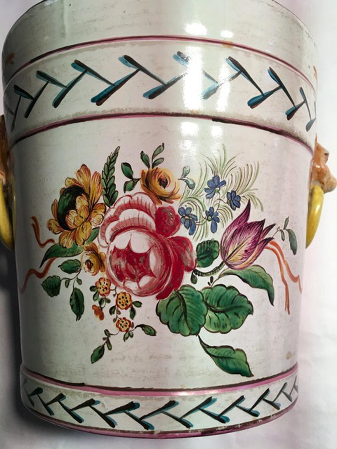 France Late 19th Century Pair of Pottery Cache Pots with Flowers and Lions Heads For Sale 7