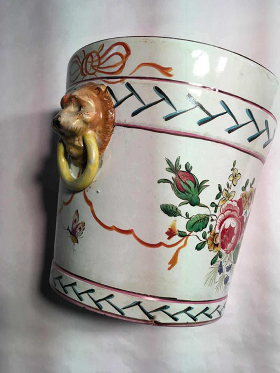 France Late 19th Century Pair of Pottery Cache Pots with Flowers and Lions Heads For Sale 10