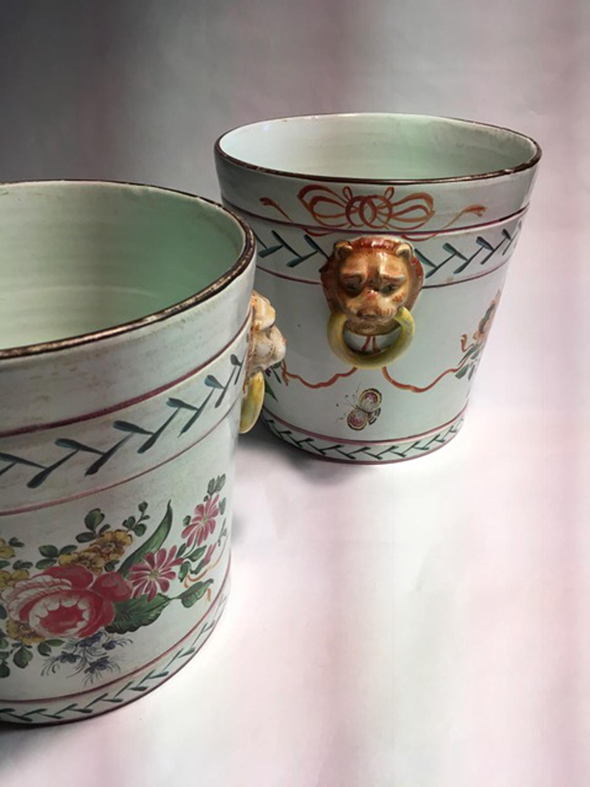 French France Late 19th Century Pair of Pottery Cache Pots with Flowers and Lions Heads For Sale