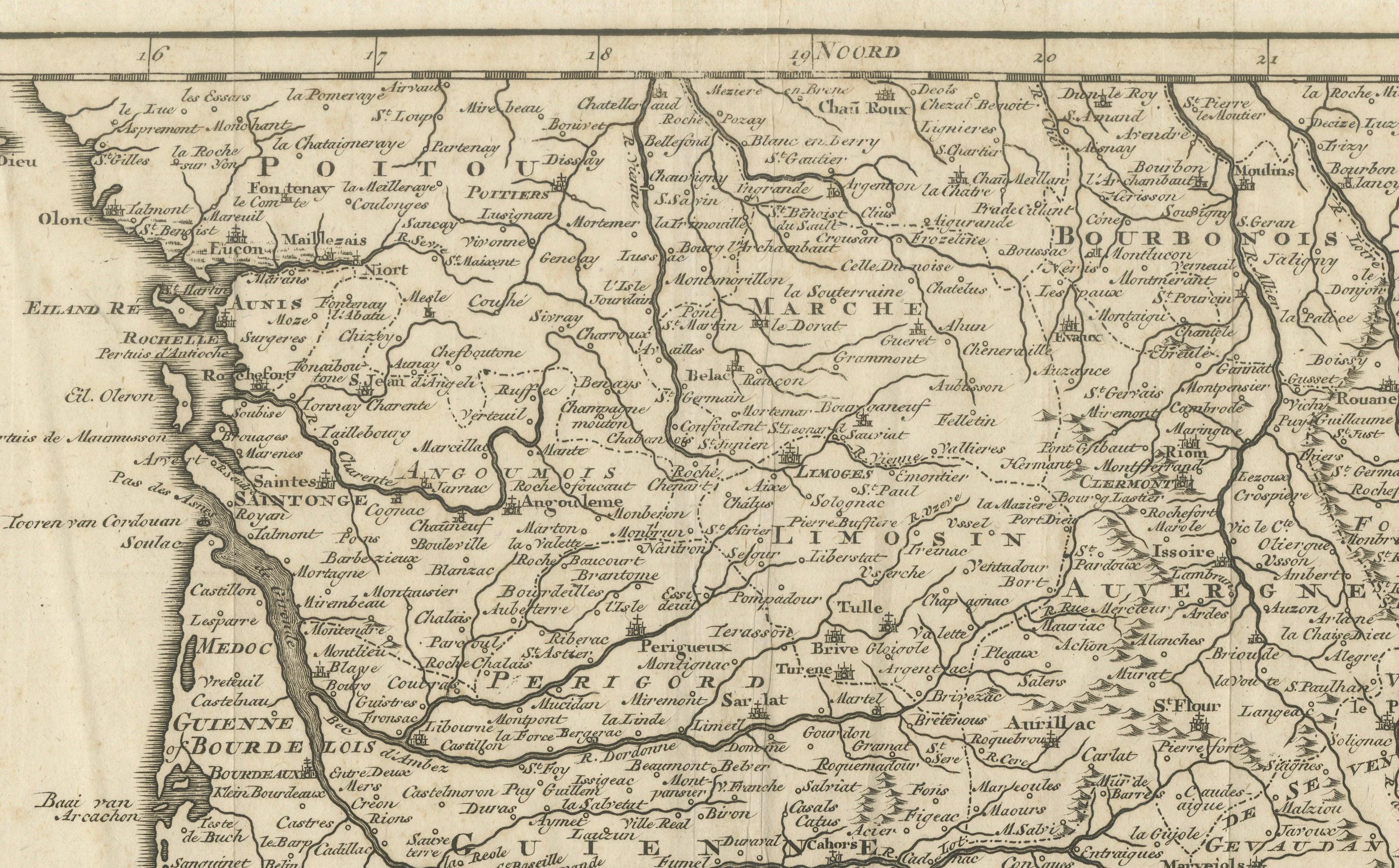 France Map 1757 – Southern Provinces by Isaak Tirion in Dutch Engraving

This original copperplate engraving published in 1757 by Isaak Tirion in Amsterdam presents a highly detailed and accurate map of southern France, titled *Nieuwe en Naaukeurige