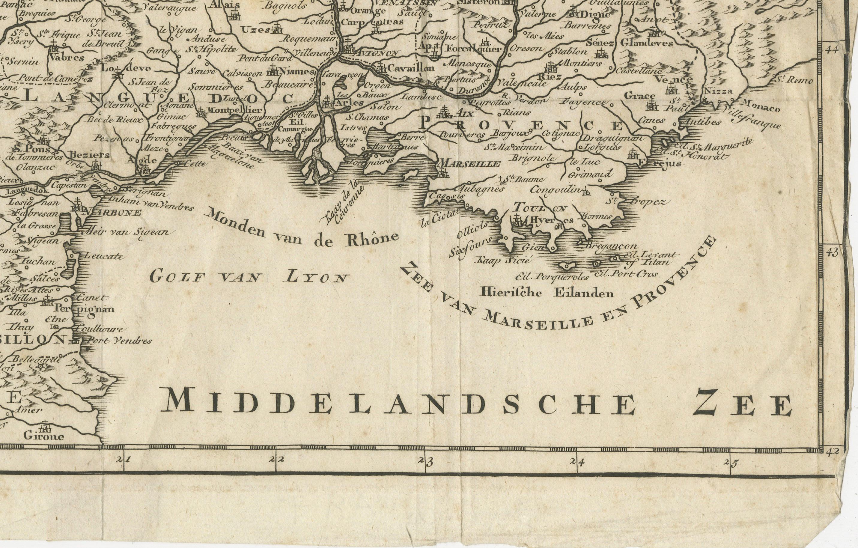 France Map 1757 – Southern Provinces by Isaak Tirion in Dutch Engraving In Good Condition For Sale In Langweer, NL