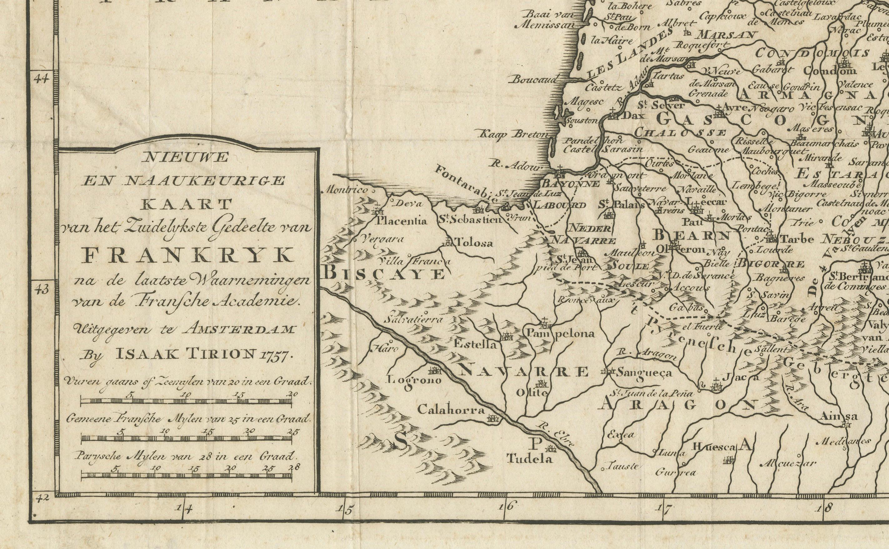 18th Century France Map 1757 – Southern Provinces by Isaak Tirion in Dutch Engraving For Sale