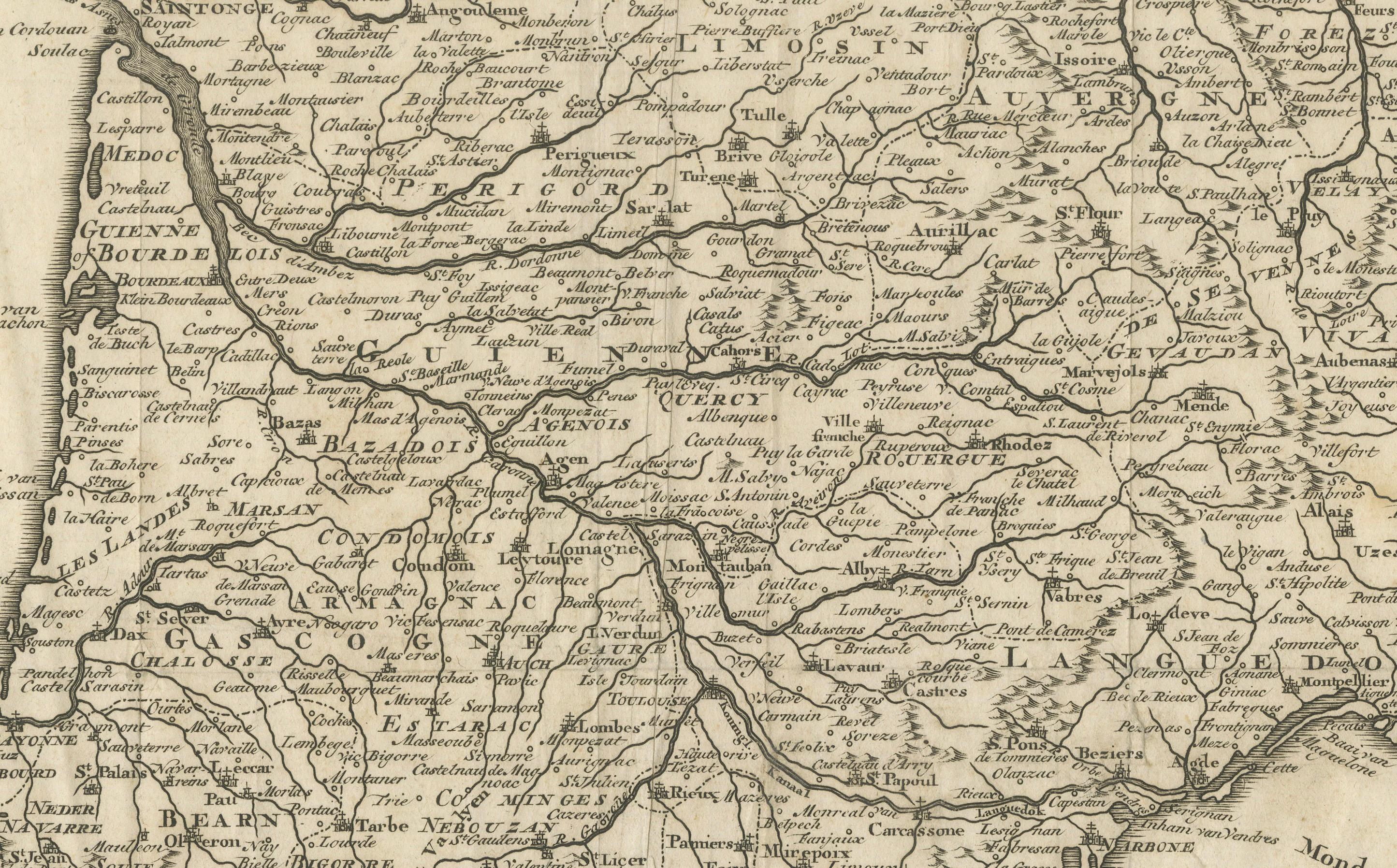 Paper France Map 1757 – Southern Provinces by Isaak Tirion in Dutch Engraving For Sale