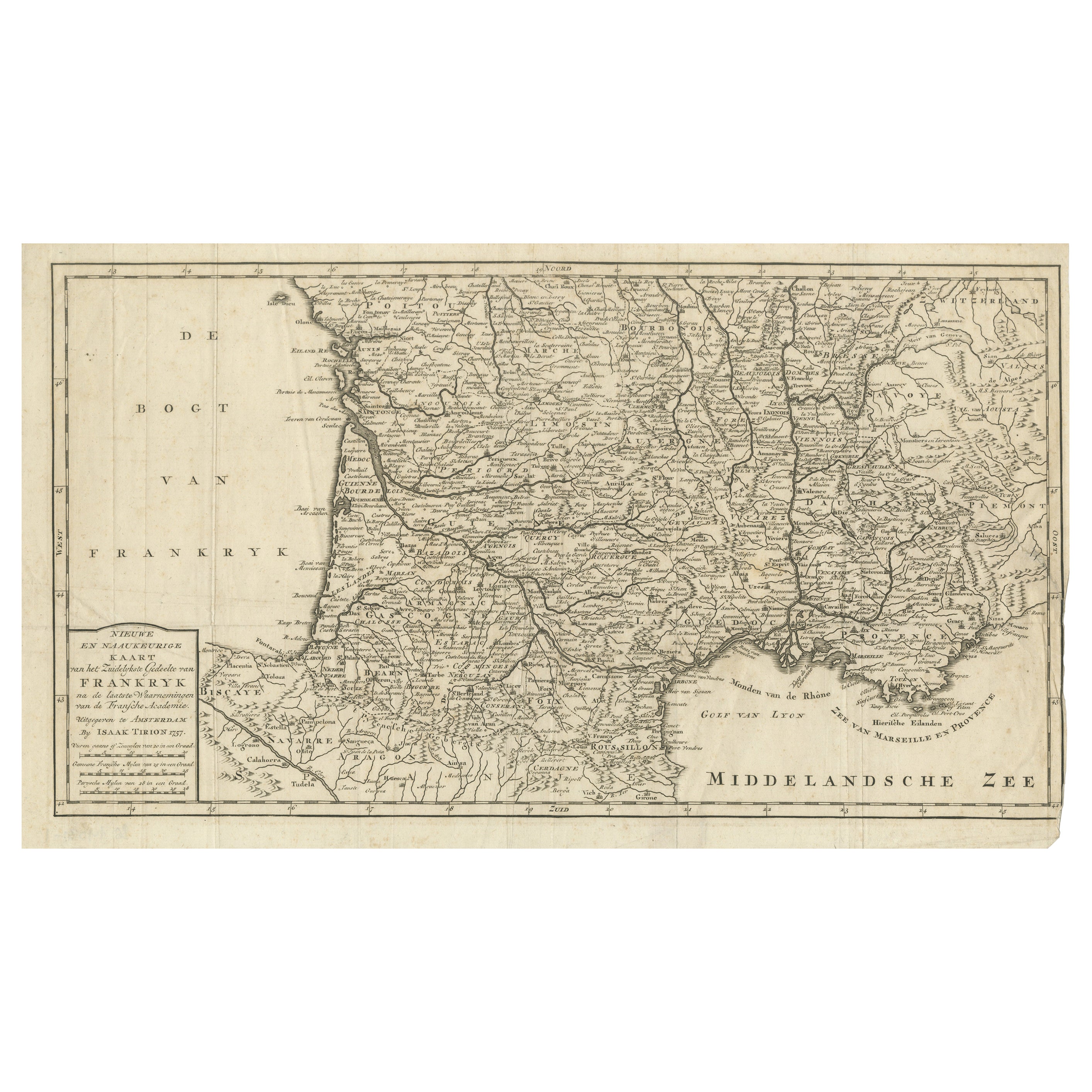 Carte de France 1757 - Provinces du Sud par Isaak Tirion en gravure hollandaise