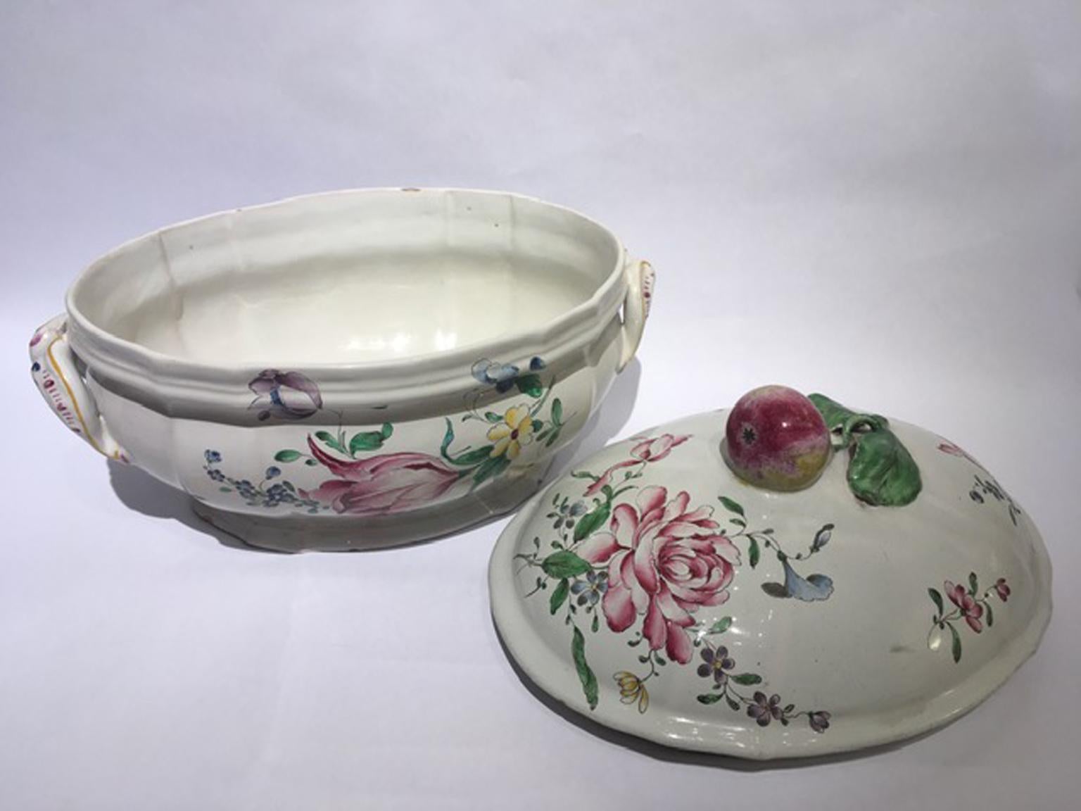 France Mid-18th Century Porcelain Soup Bowl Flowers and Fruits Drawings en vente 7