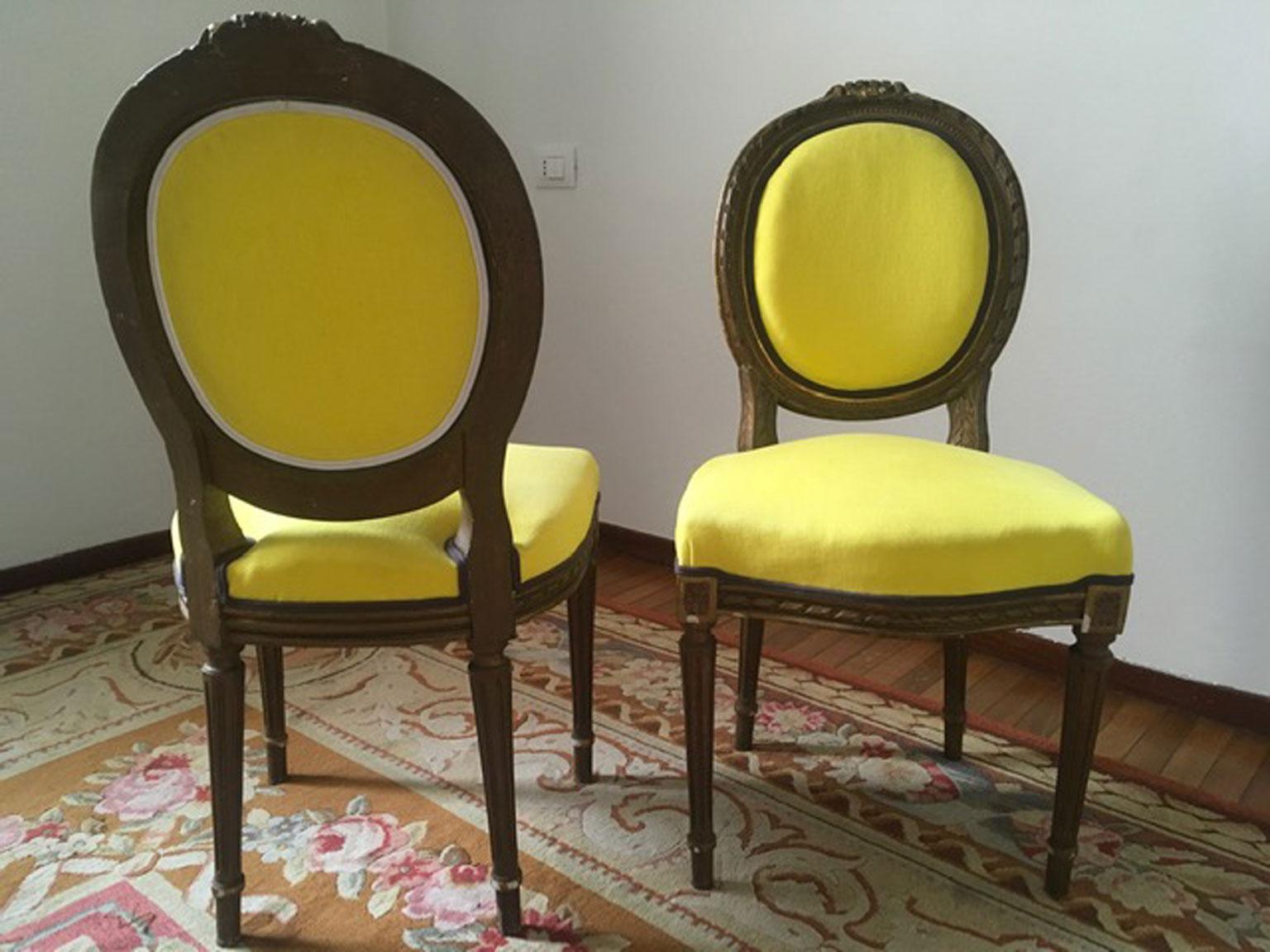 Mid-19th Century Pair French Provincial Wooden Chairs Yellow Linen For Sale 7