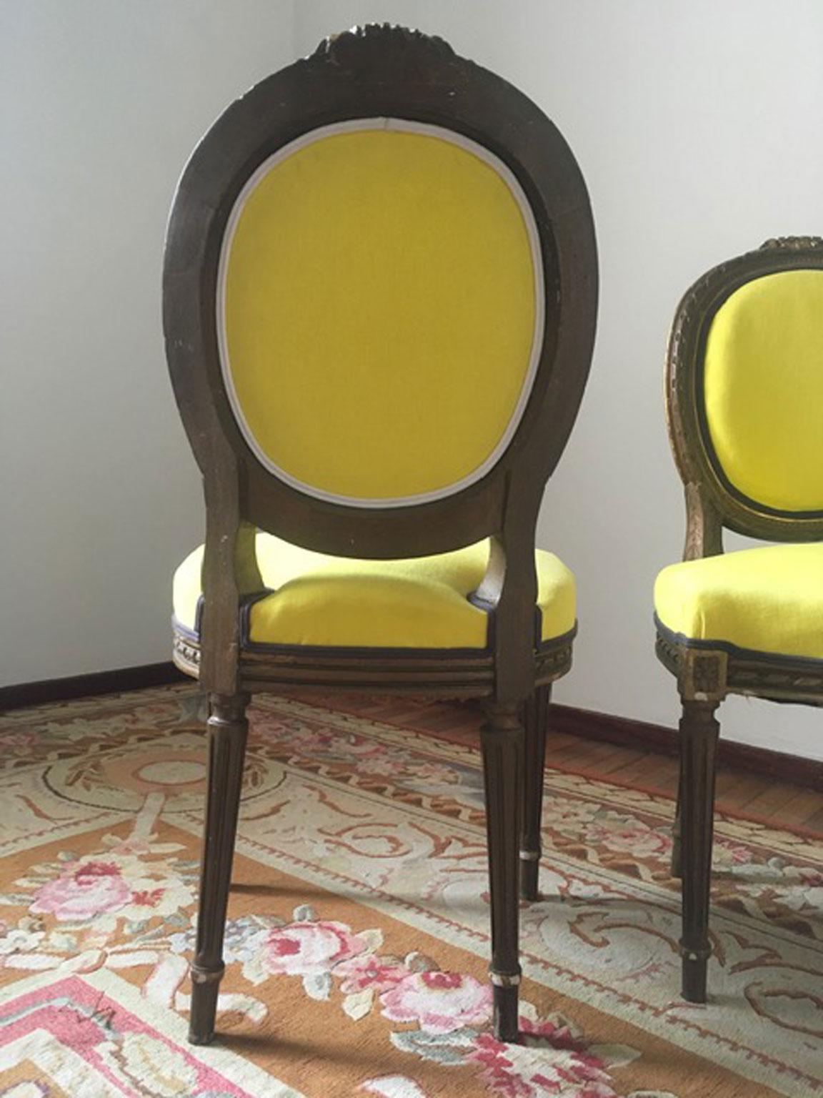 Mid-19th Century Pair French Provincial Wooden Chairs Yellow Linen For Sale 12
