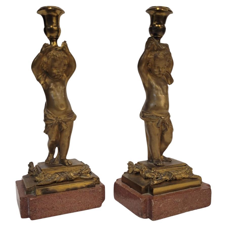 Francia Napoleone III Coppia di candelieri / lampade, putti, ormolu e marmo
