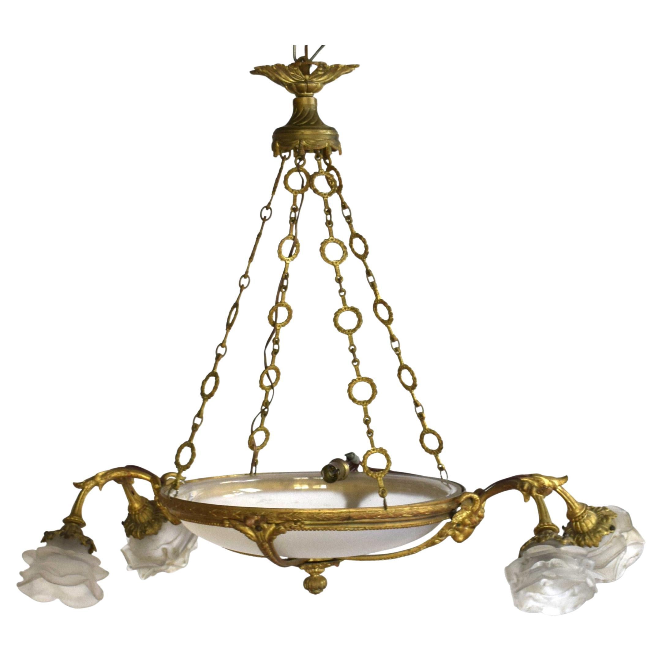 France: Neoclassical chandelier, early 20th century, with gilded bronze and fros