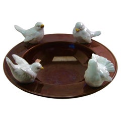'France' Pottery Ceramic Bowl with 4 Birds in Colors Brown and White
