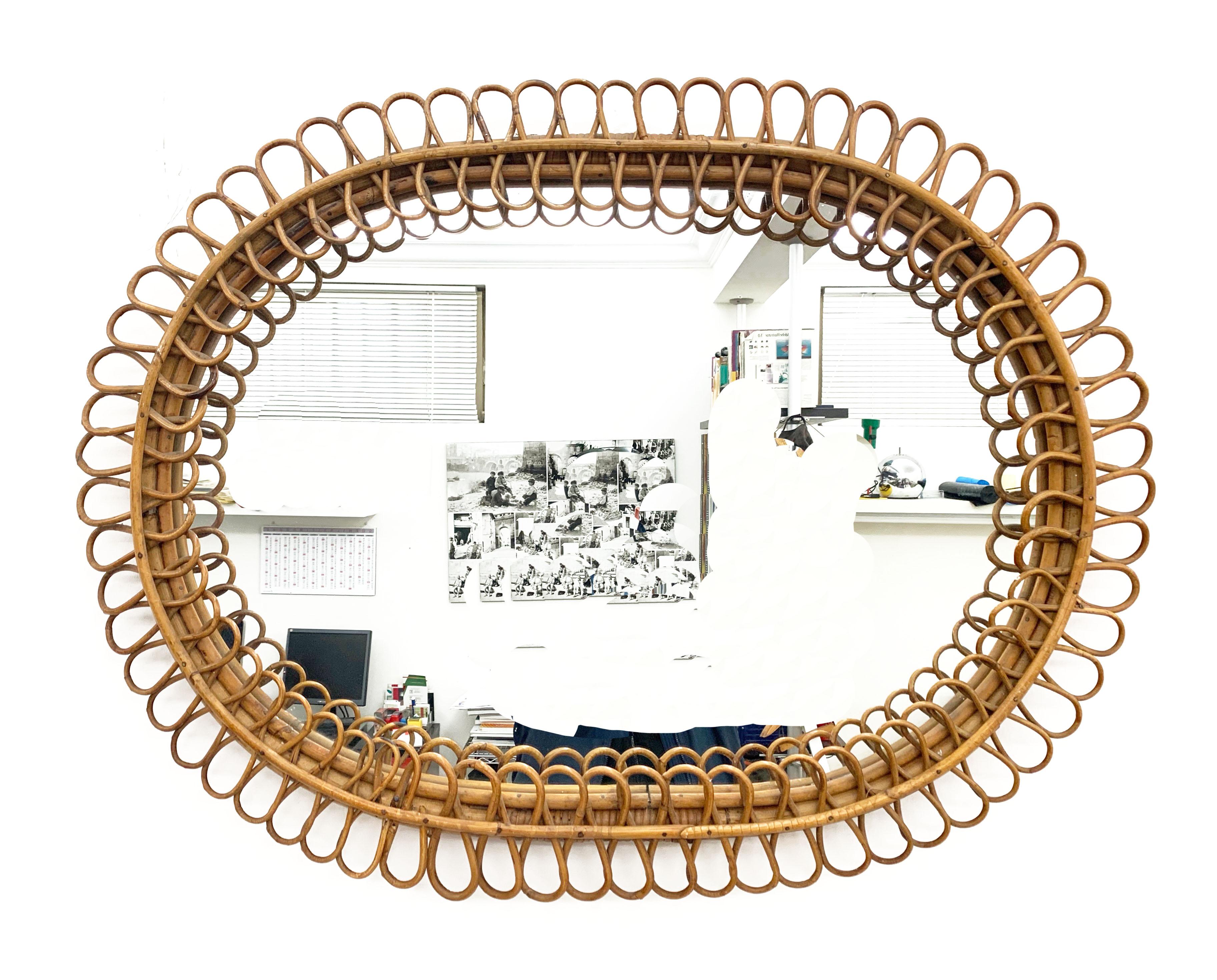 France Riviera Franco Albini for Bonacina Rattan Bamboo Oval Mirror Italy, 1960s In Fair Condition In Roma, IT